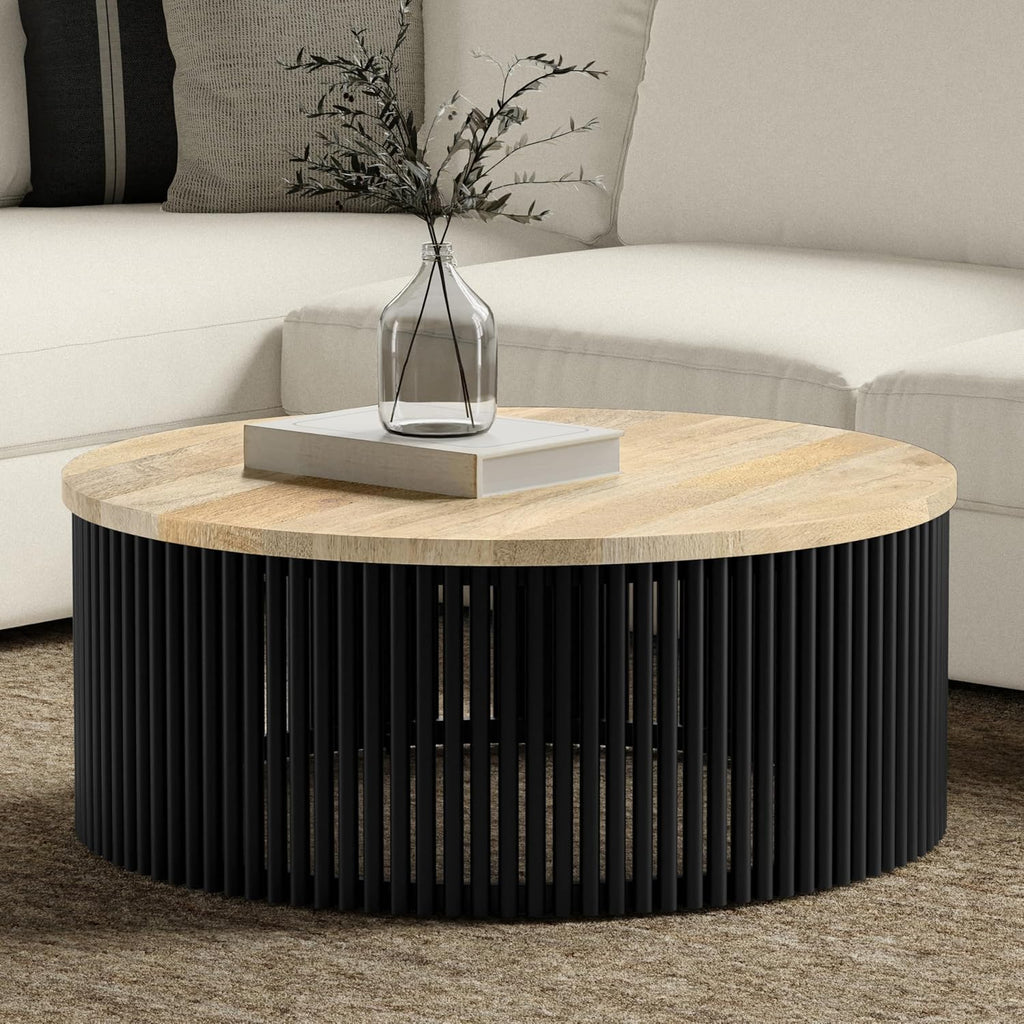 SIMPLIHOME Demy Coffee Table - 35 inch Wide Solid Wood Industrial Contemporary Round Cocktail Table in Natural and Black, Sculptural Living Room Table with Powder Coated Metal Base, Assembled