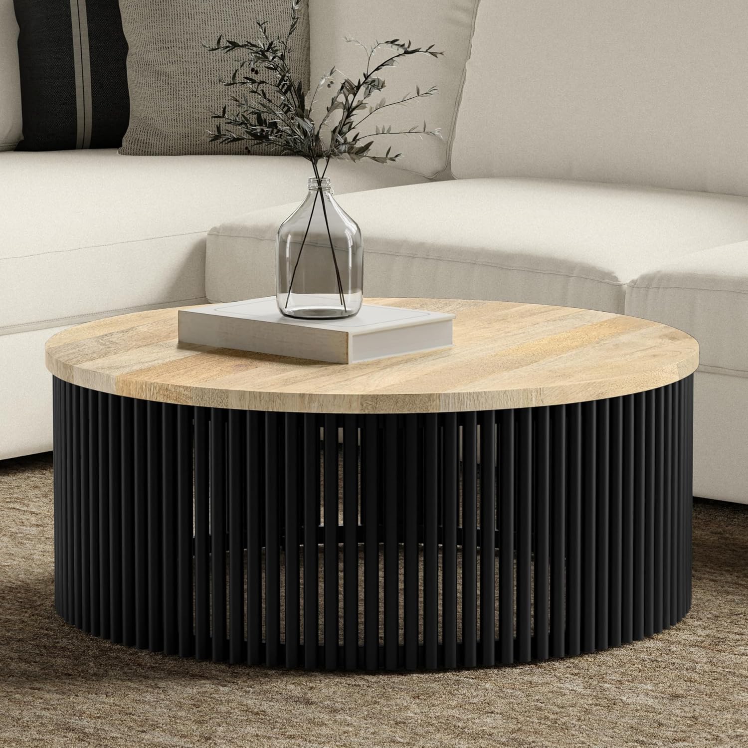 SIMPLIHOME Demy Coffee Table - 35 inch Wide Solid Wood Industrial Contemporary Round Cocktail Table in Natural and Black, Sculptural Living Room Table with Powder Coated Metal Base, Assembled