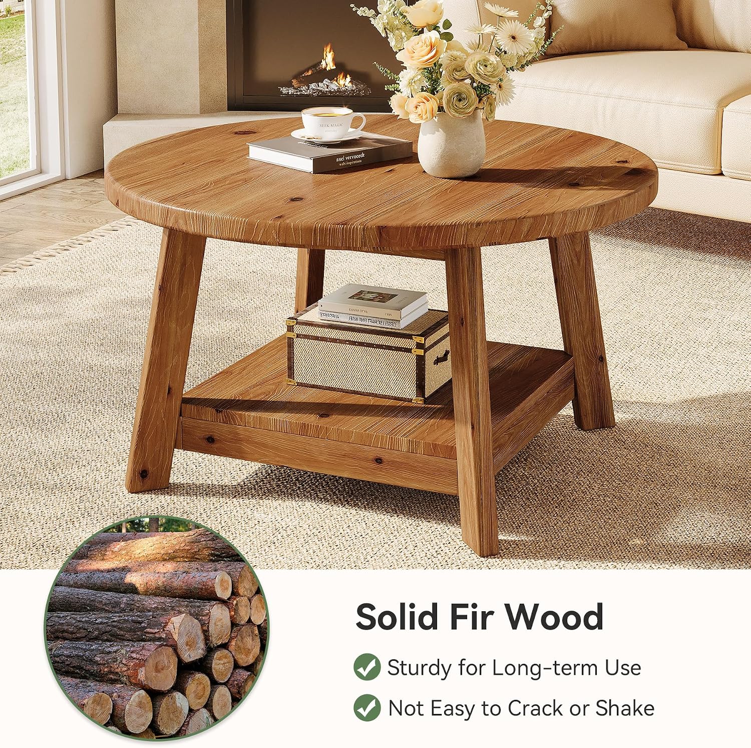 Solid Wood Round Coffee Table for Living Room, 31.5' Farmhouse Wooden 2-Tier Circle Center Cocktail Accent Table with Storage Shelf and Tapered Legs for Apartment, Small Space, Brown