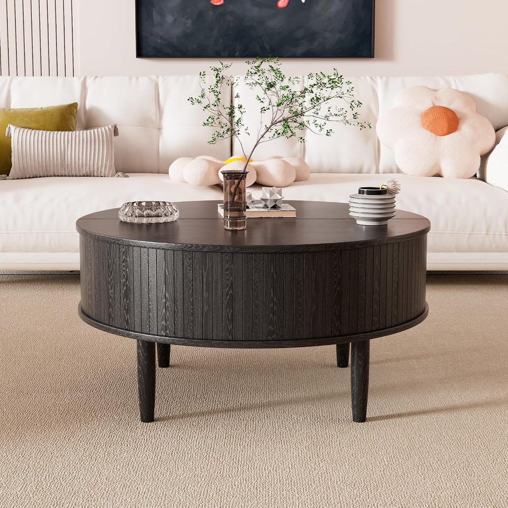 Round Fluted Lift Top Coffee Table with Storage, Mid Century Modern Coffee Table for Living Room, Home Small Space,31.5' Fluted Center Table (Black, 31.5inch)