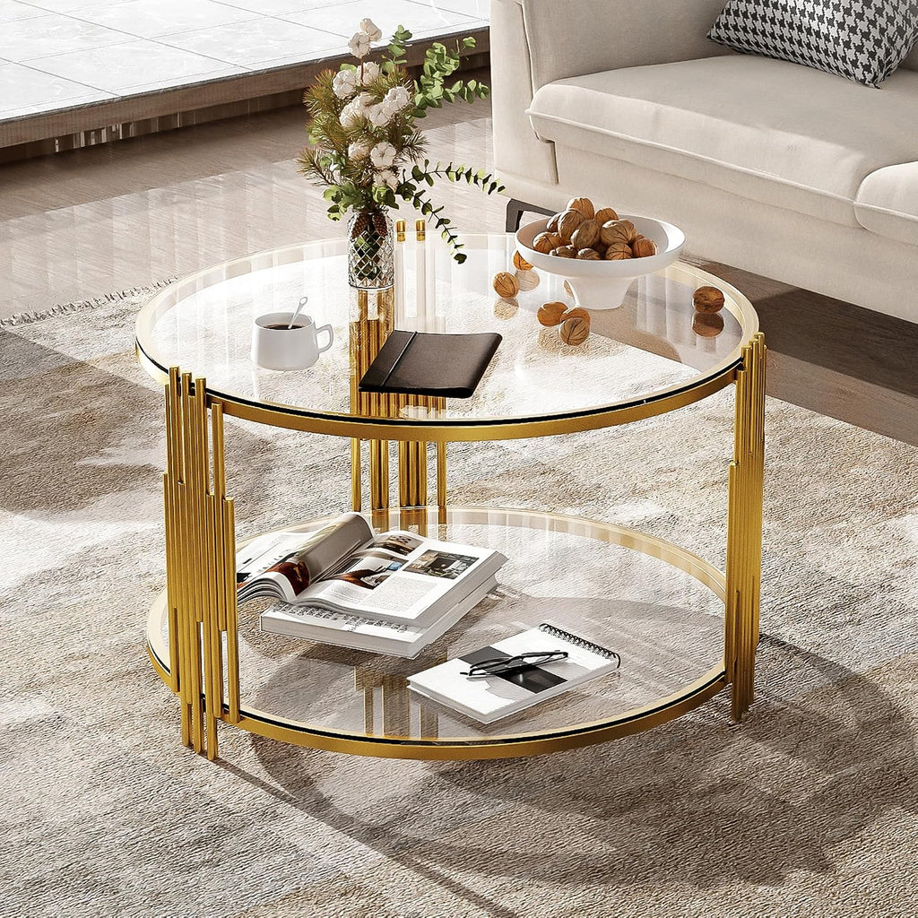 Modern Glass Coffee Table in 31.5', Asymmetrical Metal, Circular Metal Drum Base, Gold Finish & Lower Shelf