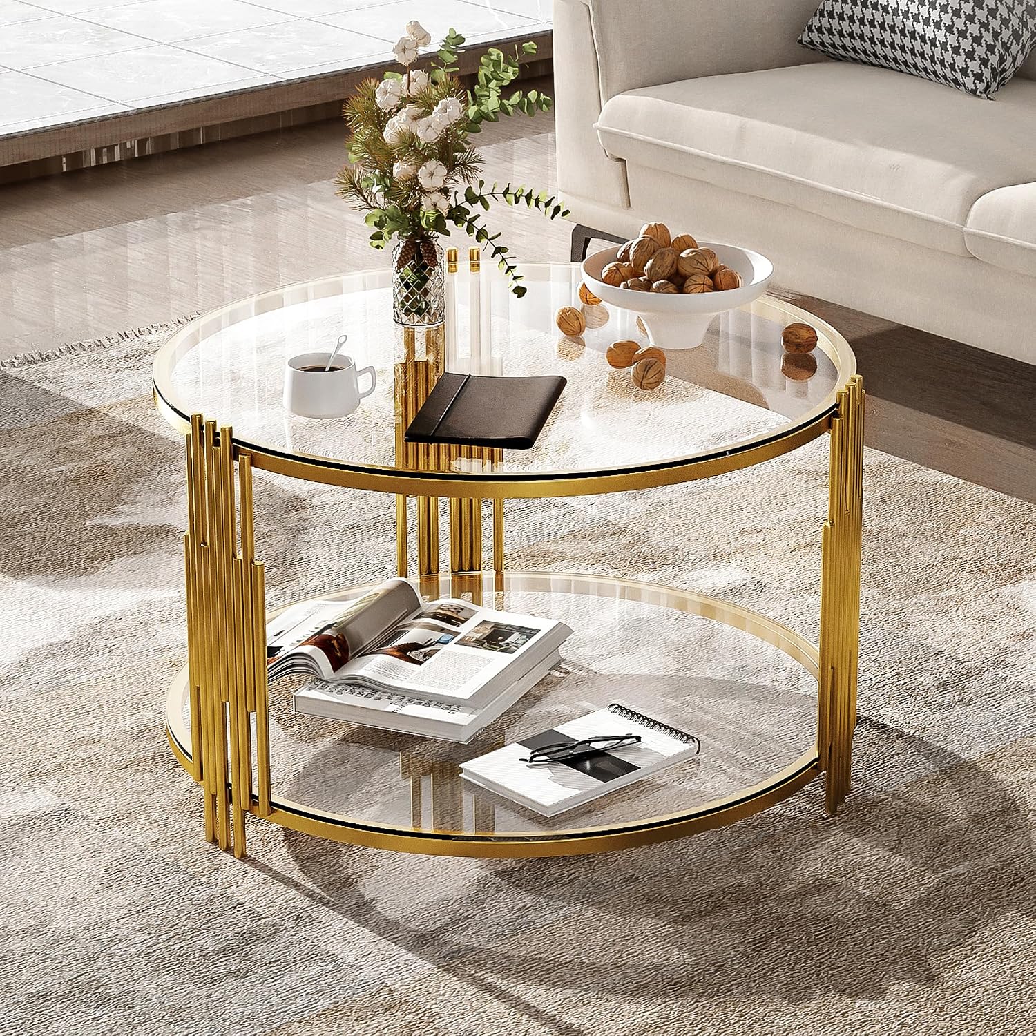 Modern Glass Coffee Table in 31.5', Asymmetrical Metal, Circular Metal Drum Base, Gold Finish & Lower Shelf