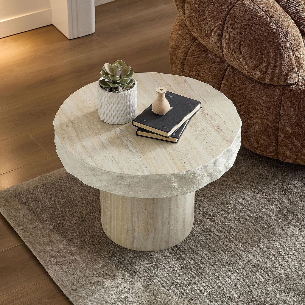 23.82' Round Side Table Small Coffee Table Faux Marble Pattern End Table Cement Stone Sofa Side Table for Living Room Apartment No Assembly