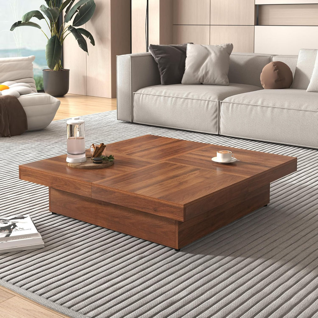 Merax Coffee Table, Modern Extendable Coffee Table with 4 Hidden Storage Compartments, UV High-Gloss Square Center Cocktail Table with Sliding Tabletop for Living Room, 39.4'x 39.4' (Walnut)