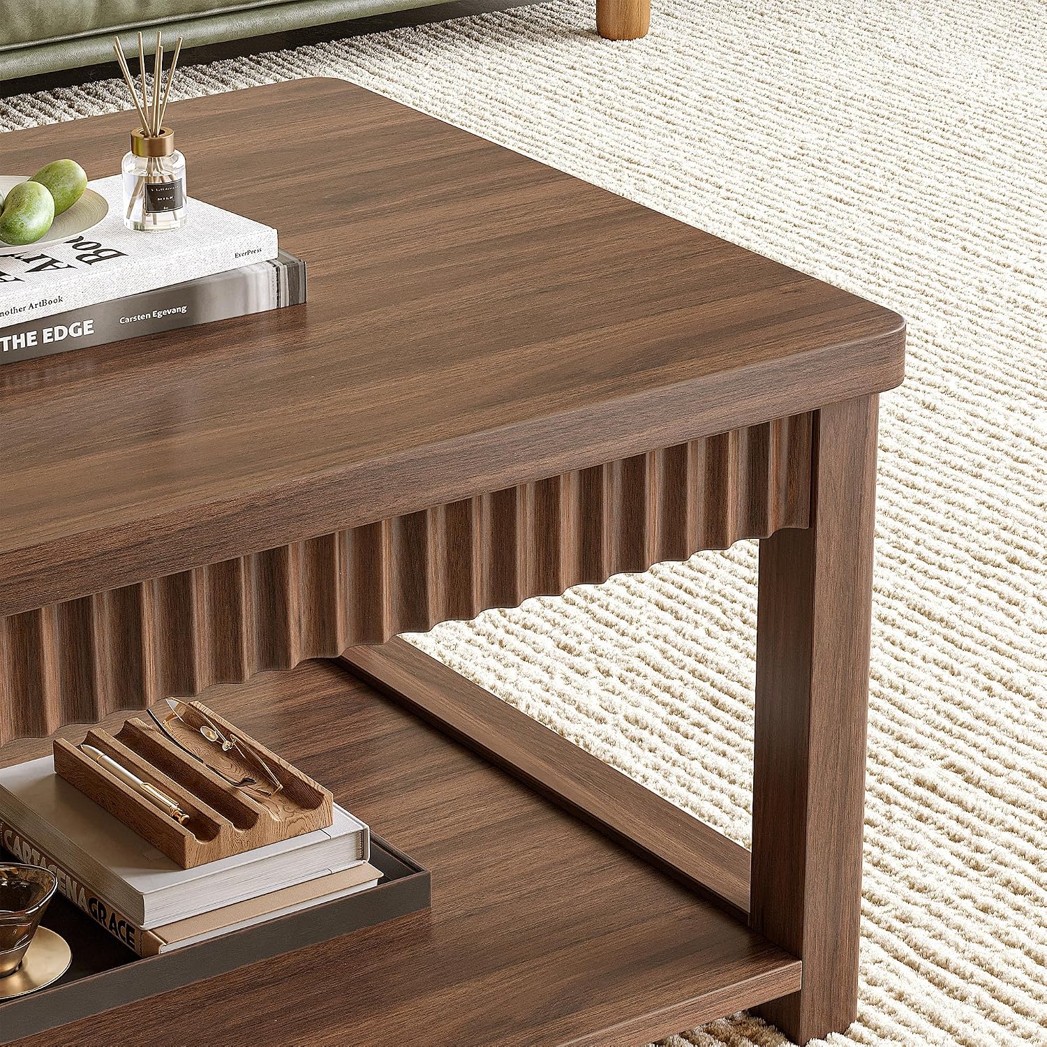 Homkdom Coffee Table, 39 Inch Modern Coffee Tables for Living Room with 2-Tier Storage & Wave-Edge, Walnut Center Table for Bedroom/Office