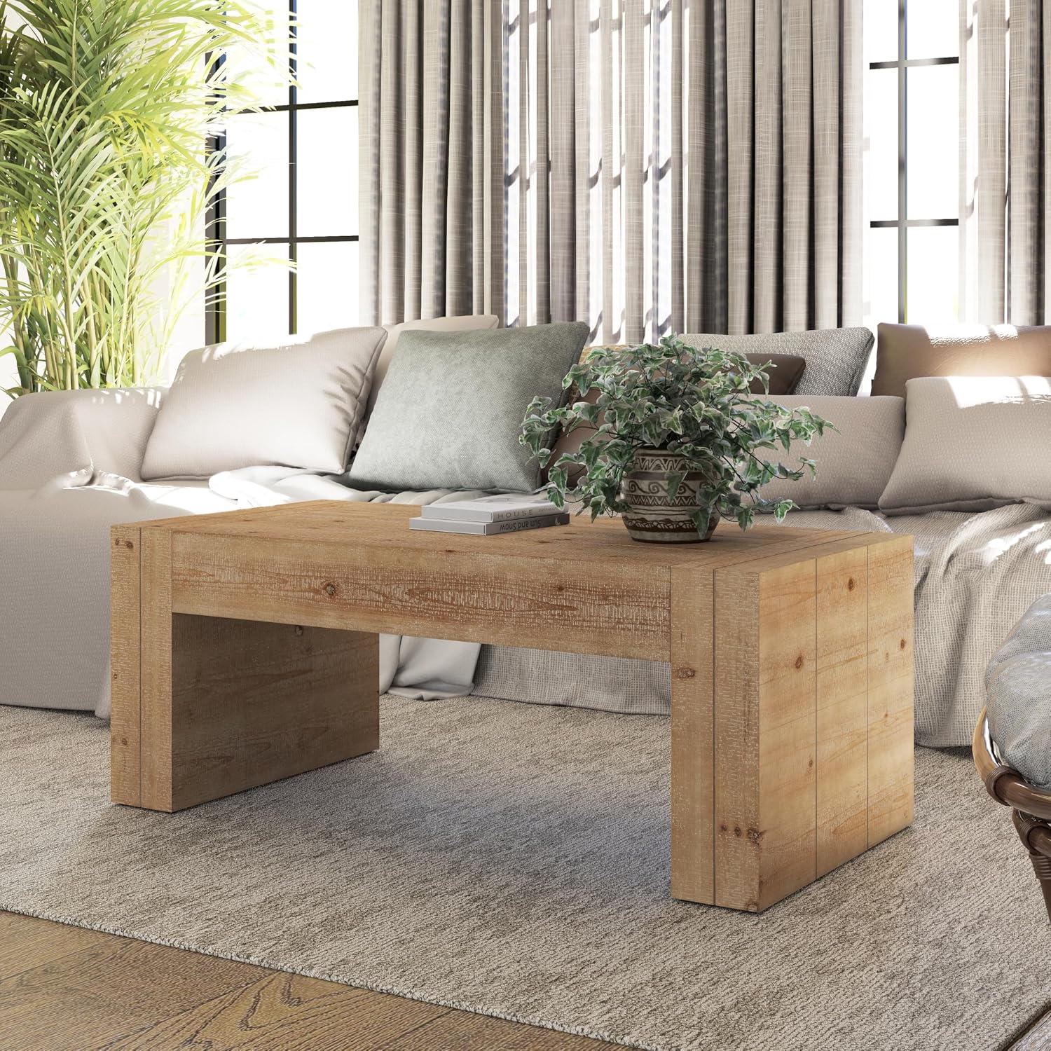 COZAYH Modern Rustic Wood Coffee Table with Thick Legs, Rectangular Living Room Center Table, Natural Finish Design, Sturdy Farmhouse Style for Home Decor, Office, Brown