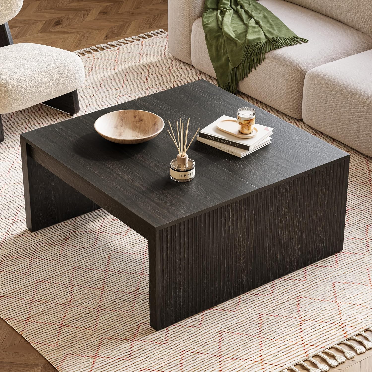 LITTLE TREE Square Coffee Table, 39.4-Inch Fluted Coffee Tables, Mid-Century Modern Center Cocktail Table for Living Room Bedroom, Easy Assembly, Black