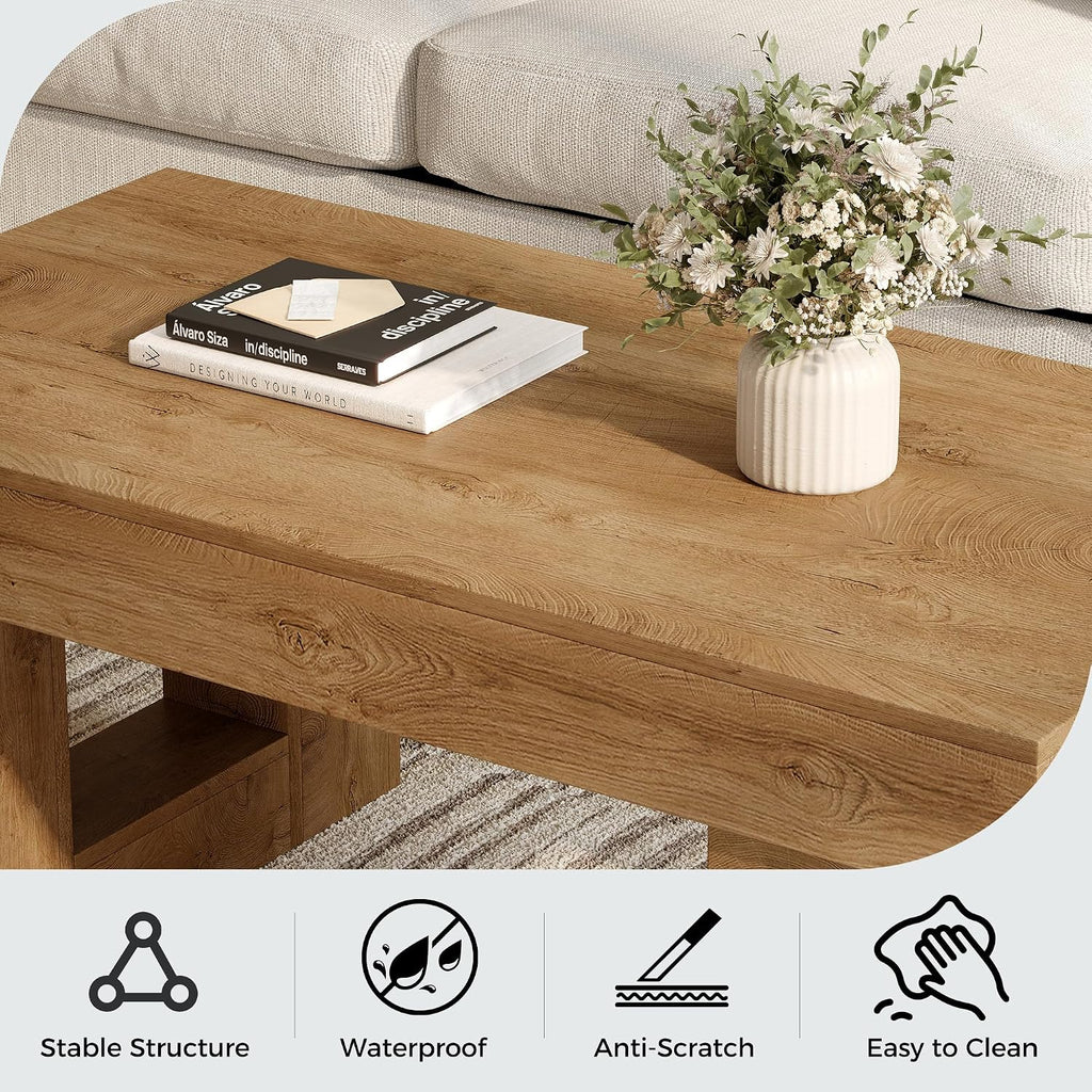 Rectangular Coffee Table, Heavy Duty Center Tables with Annual Ring Pattern, Farmhouse 42 Inch Wooden Coffee Table w Thick U-Shaped Base, Rectangle Side Tables for Living Room, Honey Brown