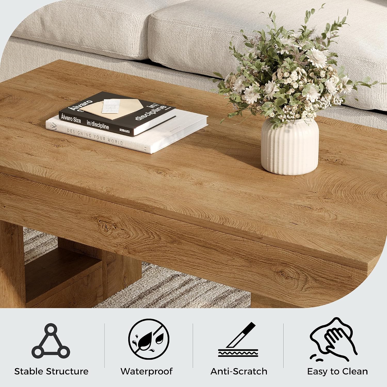 Rectangular Coffee Table, Heavy Duty Center Tables with Annual Ring Pattern, Farmhouse 42 Inch Wooden Coffee Table w Thick U-Shaped Base, Rectangle Side Tables for Living Room, Honey Brown