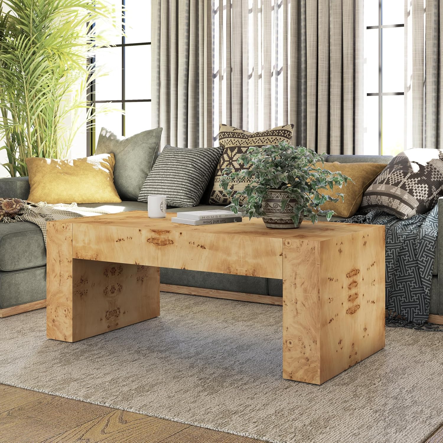 COZAYH Burl Finish Modern Wood Coffee Table with Thick Legs, Rectangular Living Room Center Table, Elegant and Sturdy Design, Farmhouse Style for Home Decor, Office, Natural