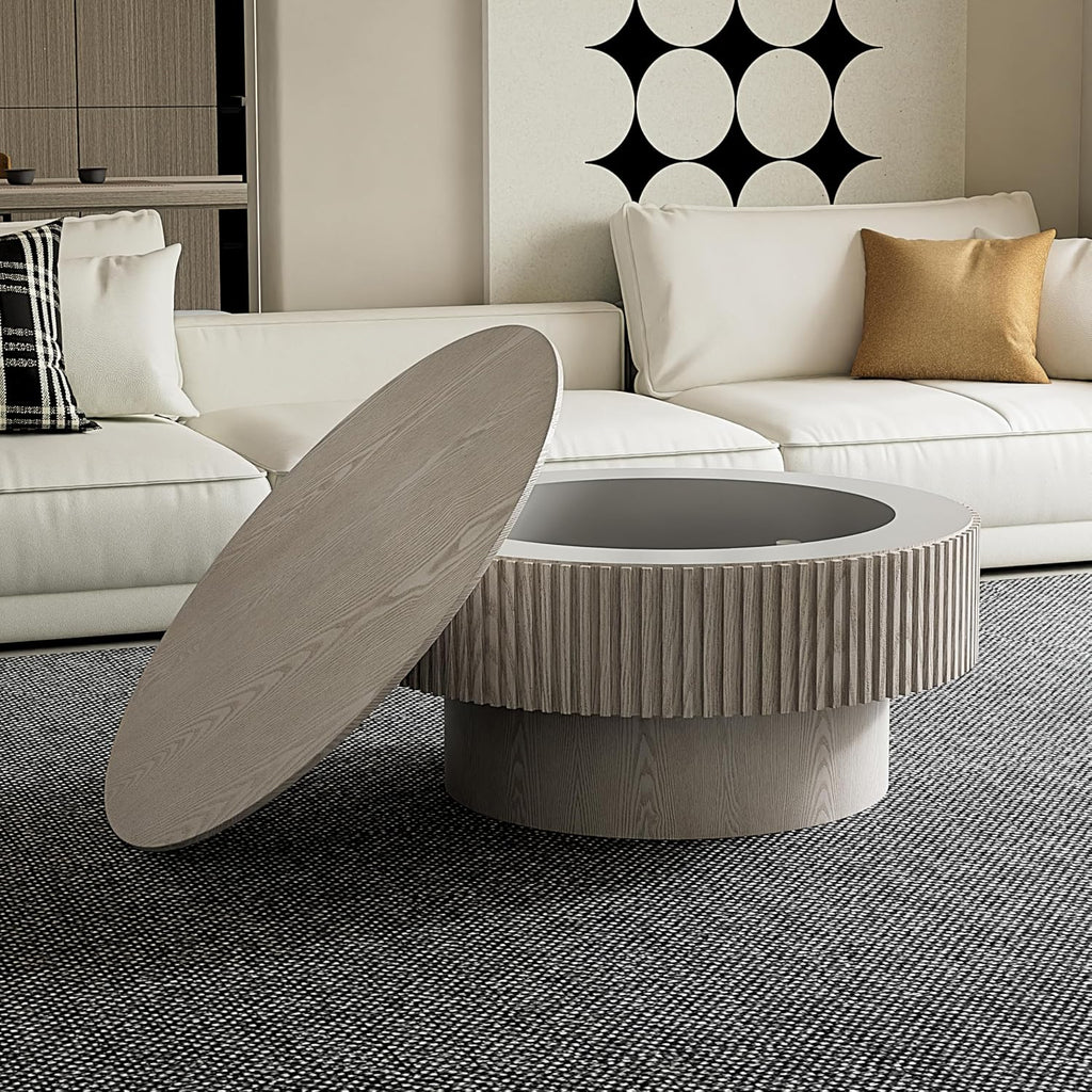 31.5'' Round Coffee Table with Storage, Modern Luxury Circle Drum Center Tables with Solid Wood Veneered, Accent Side Coffee Table for Living Room, Bedroom, Apartment-White
