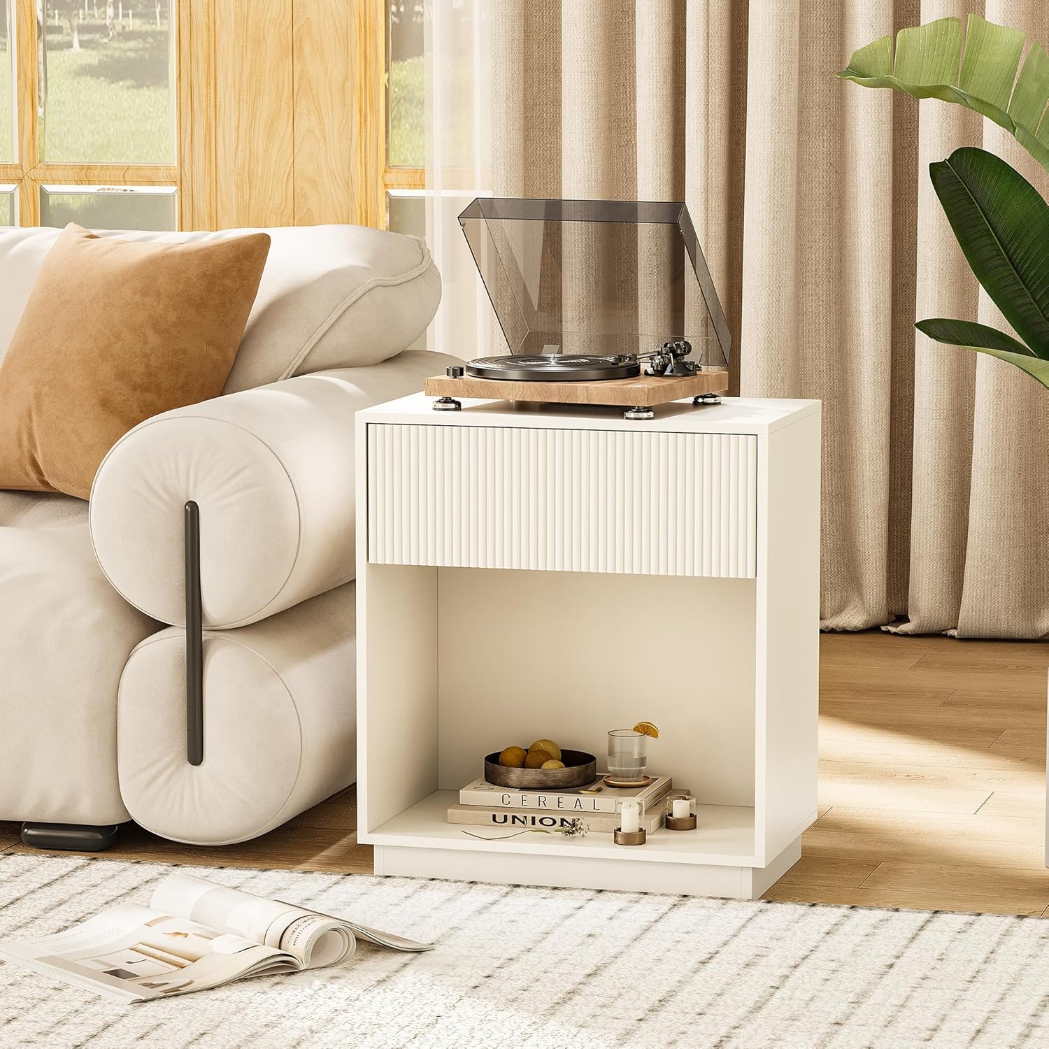 Fluted Nightstands Set of 2, Modern Bedside Table with Drawer and Storage Shelf, Wood End Table Mid Century Night Stands for Bedroom Living Room Sofa Couch Office (White)