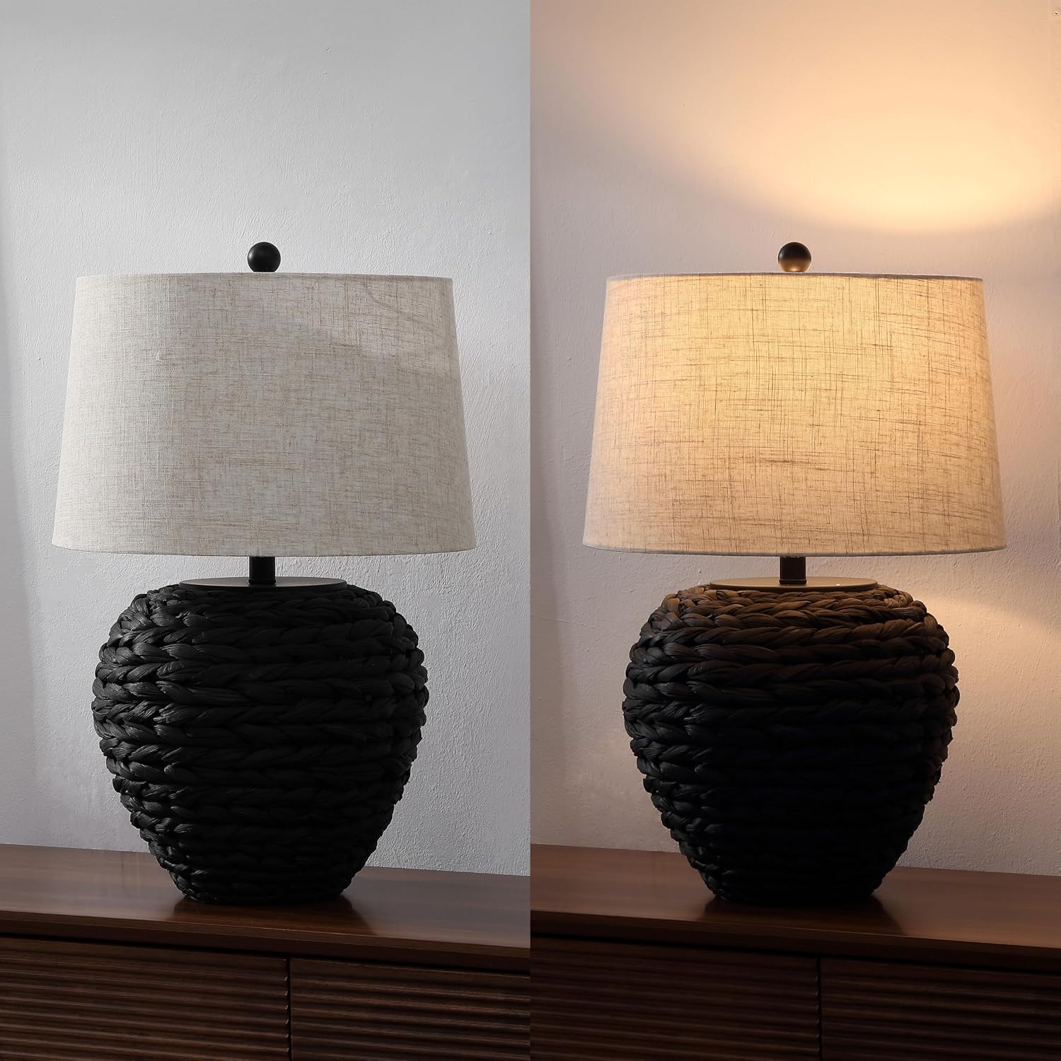 JONATHAN Y 24.5' Black Water Hyacinth Farmhouse Basket Table Lamp, Coastal Decor for Living Room Bedroom Nightstand, Light Gray Linen Shade, LED Bulb Included (JYL6501D)