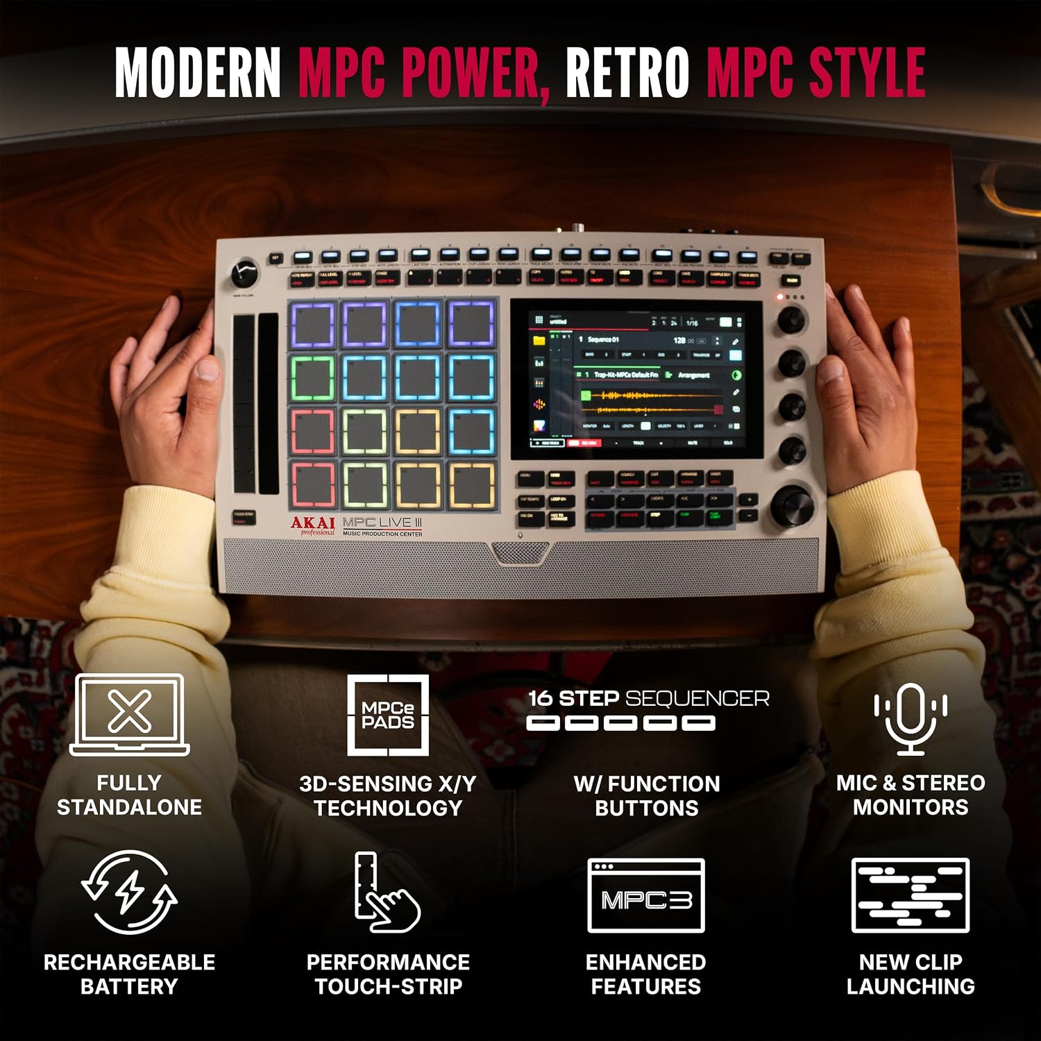 Akai Professional MPC Live III Retro - Standalone Portable Music Production Center with MPCe Pads, Sequencer, Touchscreen, Mic, Stereo Monitors, Audio Interface, Wi-Fi, Bluetooth, Battery, Touchstrip