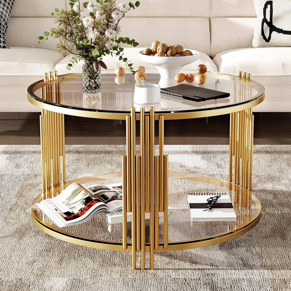 Modern Glass Coffee Table in 31.5', Asymmetrical Metal, Circular Metal Drum Base, Gold Finish & Lower Shelf