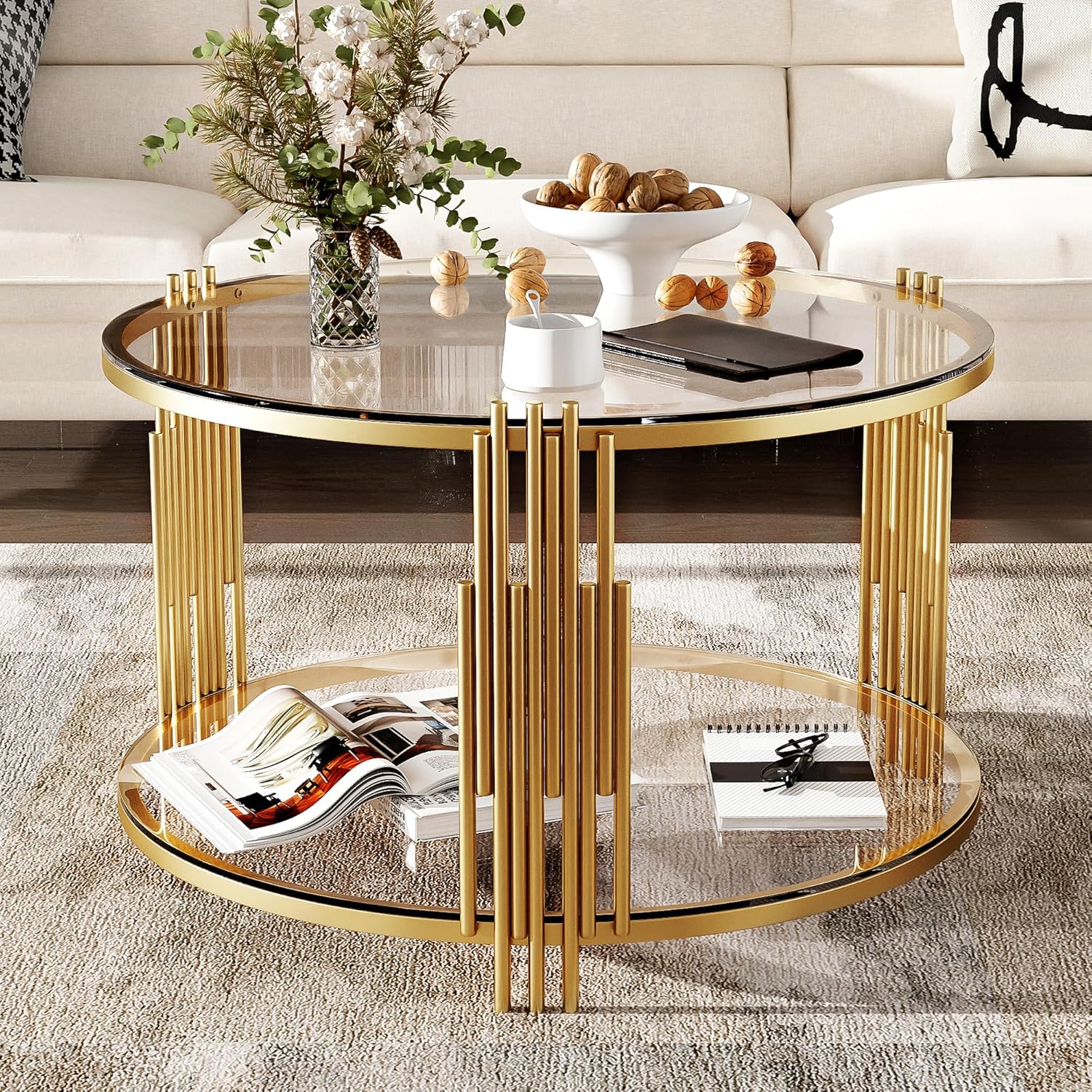 Modern Glass Coffee Table in 31.5', Asymmetrical Metal, Circular Metal Drum Base, Gold Finish & Lower Shelf