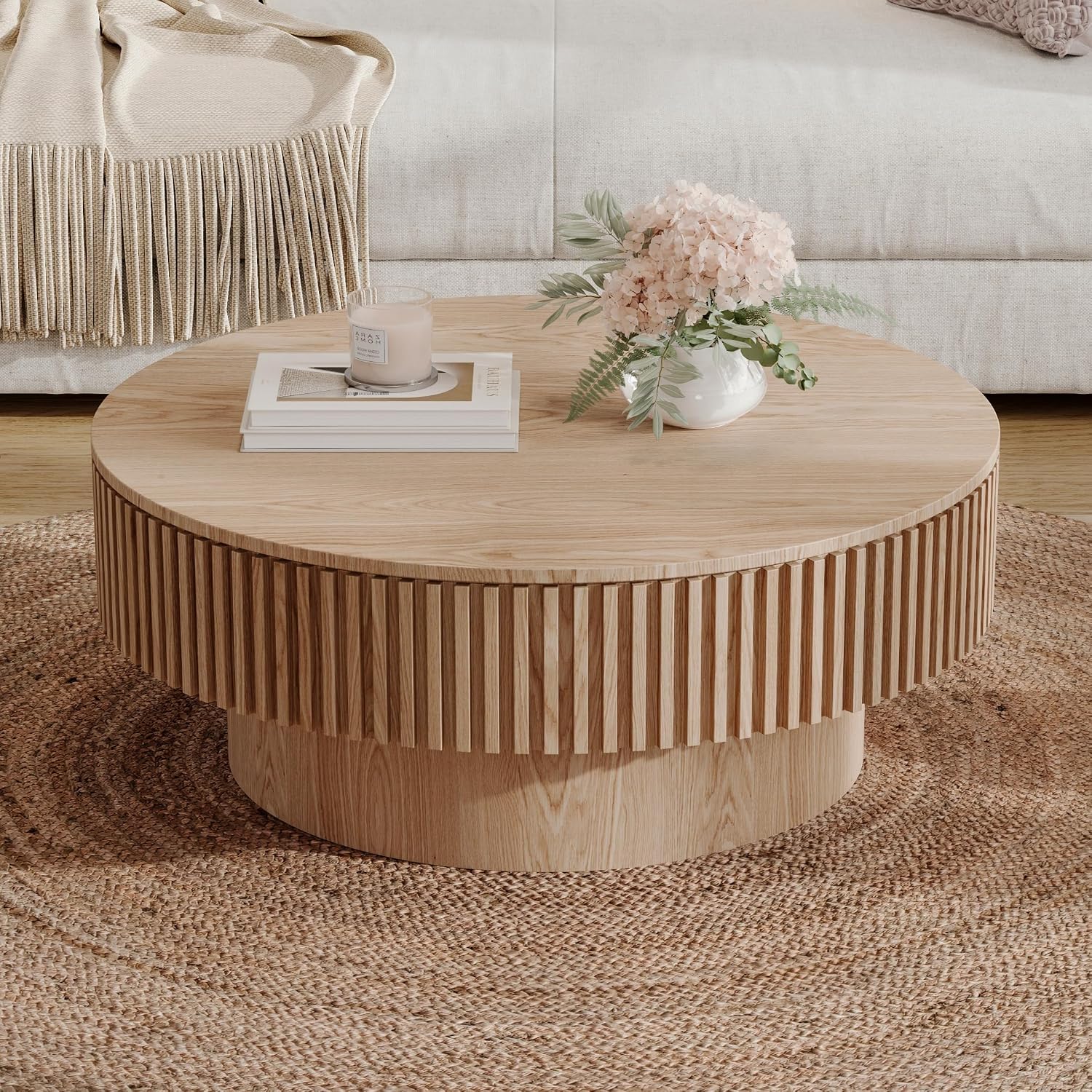 31.5''Round Coffee Table with Storage, Modern Luxury Circle Drum Center Tables with Solid Wood Veneered, Accent Side Coffee Table for Living Room, Bedroom, Apartment-Natural