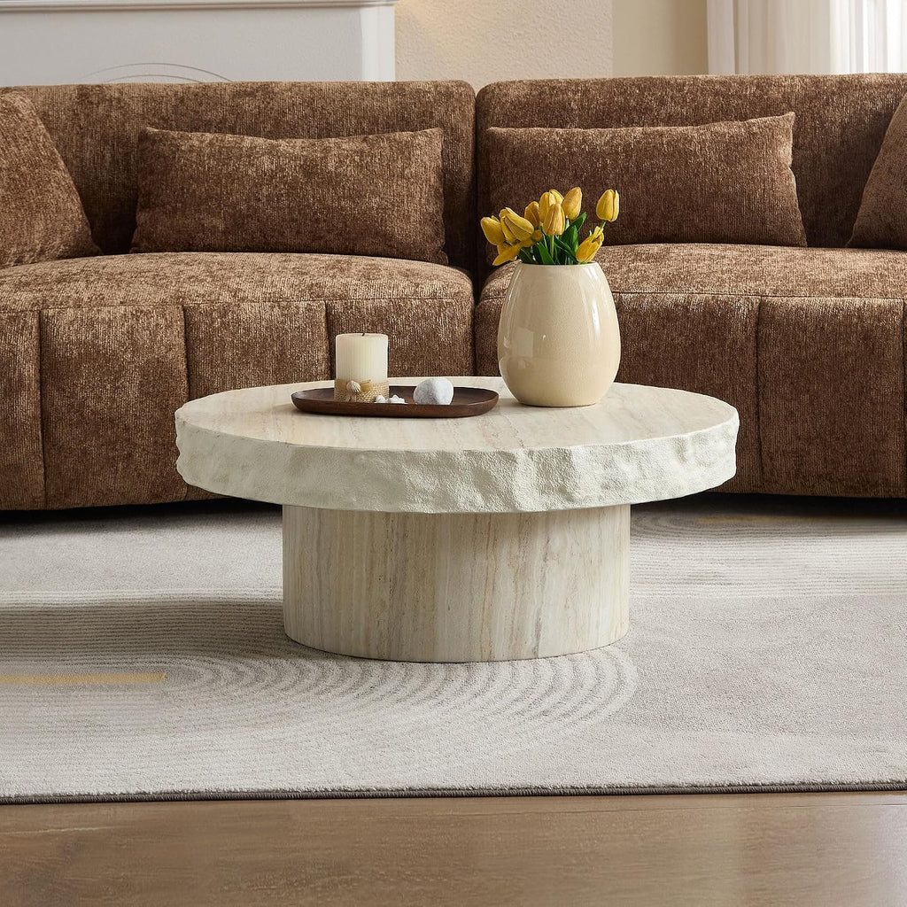31.69' Round Coffee Table with Round Pedestal, Fiberglass Faux Marble Tabletop for Living Room, Modern Circle Center Table Tea Table for Apartment, Office, Beige Mars Pattern