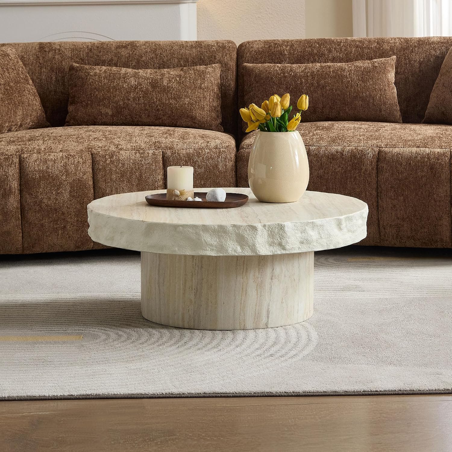 31.69' Round Coffee Table with Round Pedestal, Fiberglass Faux Marble Tabletop for Living Room, Modern Circle Center Table Tea Table for Apartment, Office, Beige Mars Pattern