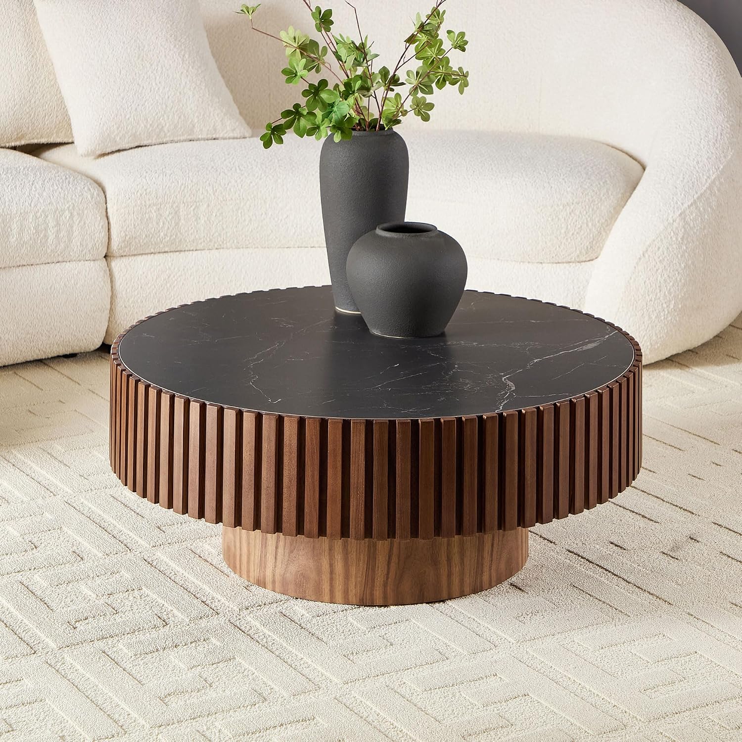 Round Coffee Table 35.43'' Circle Sintered Stone Tabletop Modern Wood Fluted Coffee Table for Living Room Apartment, Easy Assembly, Walnut