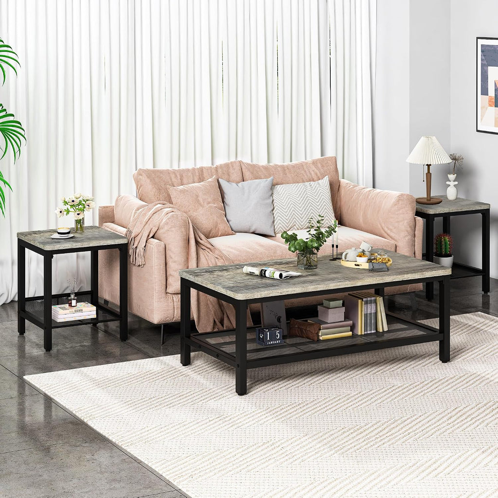 Lamerge Coffee Table Set of 3 Coffee Table and end Table Sets, Modern Metal Frame Living Room Center Table for Small Apartment Home Office（Gray）