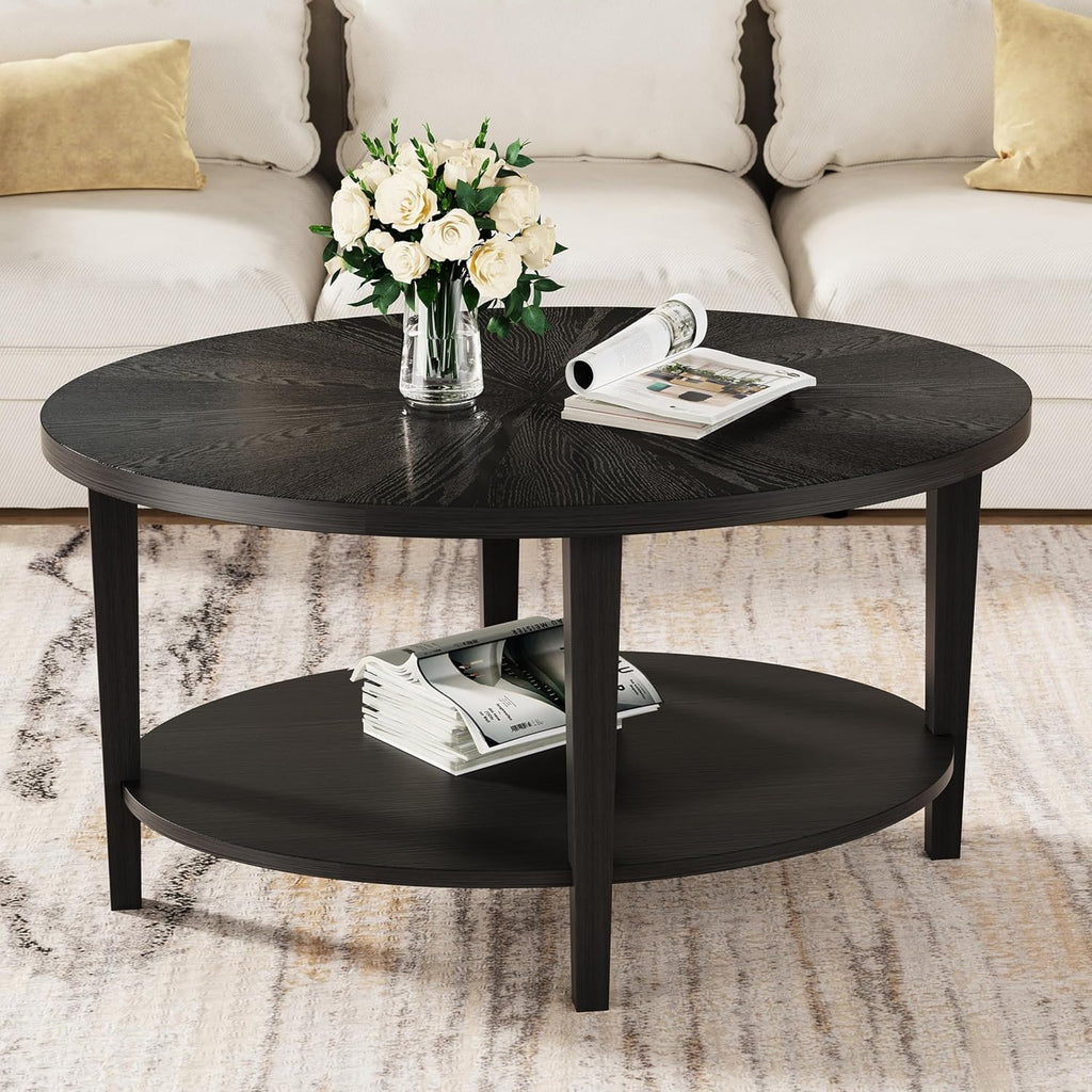 Solid Wood Oval Coffee Table for Living Room, 2 Tier Oval Rustic Coffee Table with Storage Shelf, Double Layer Center Table for Living Room, Easy Assembly Black