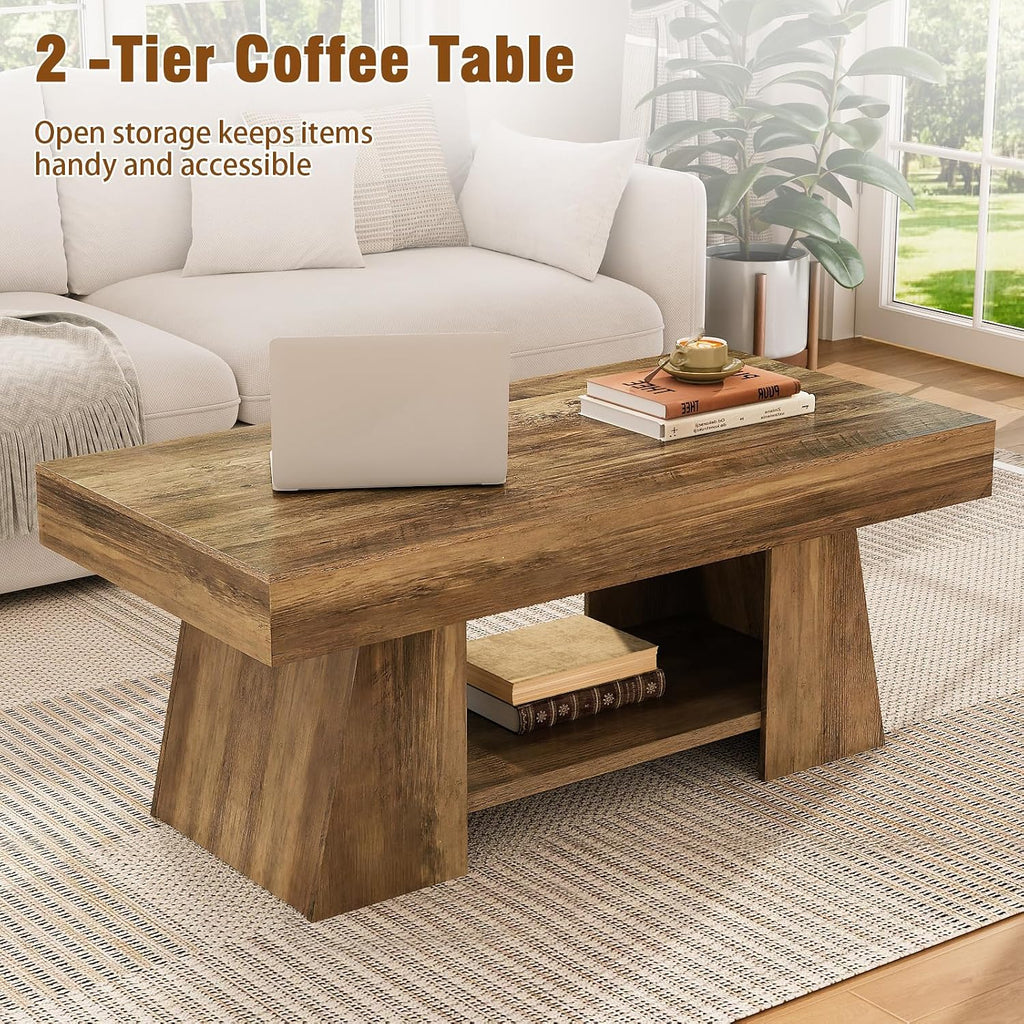 Tohomeor Coffee Table, 47.24' Farmhouse Wooden Rectangular Accent Center Tables with Storage Shelf Thick Base for Living Room, Home Office, Retro Brown