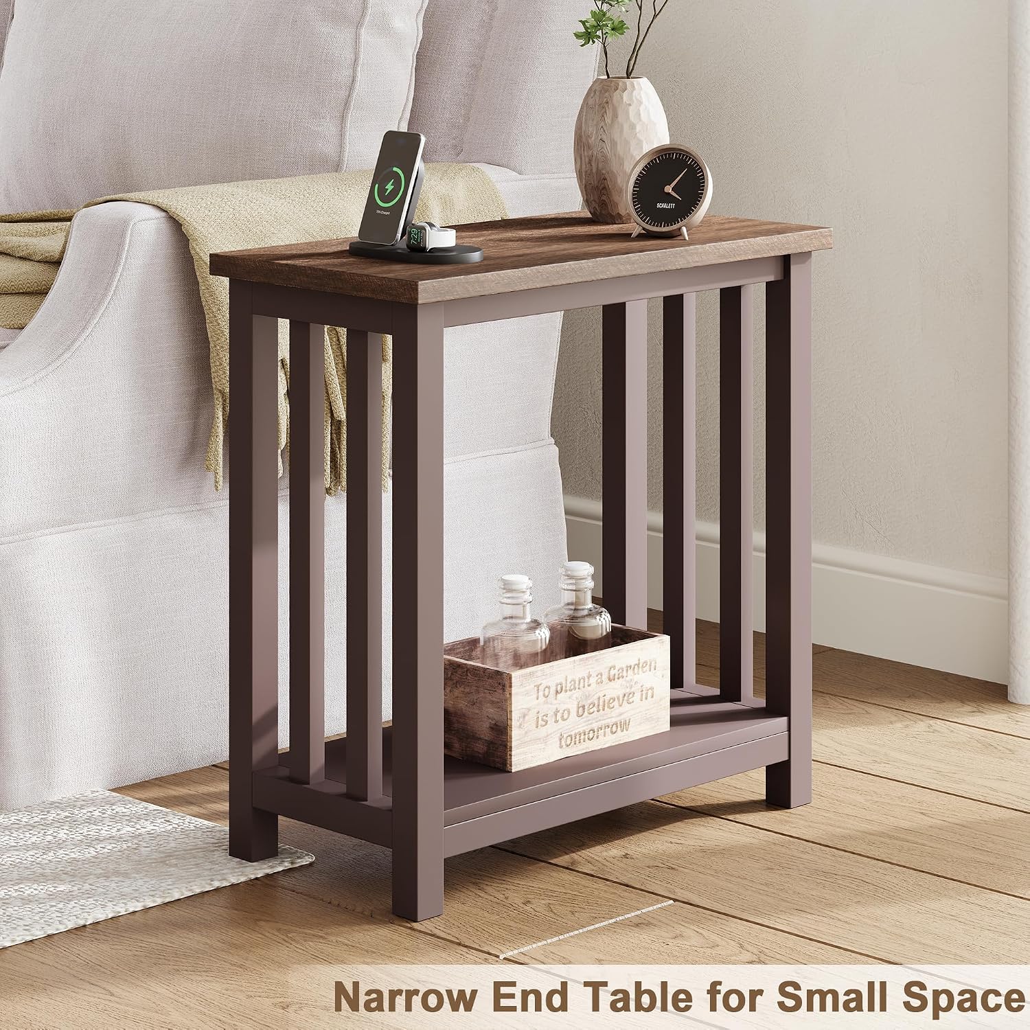 ChooChoo Mission End Tables Set of 2, Narrow Side Tables for Small Spaces, Night Stands with Storage Shelf for Living Room and Bedroom, Espresso