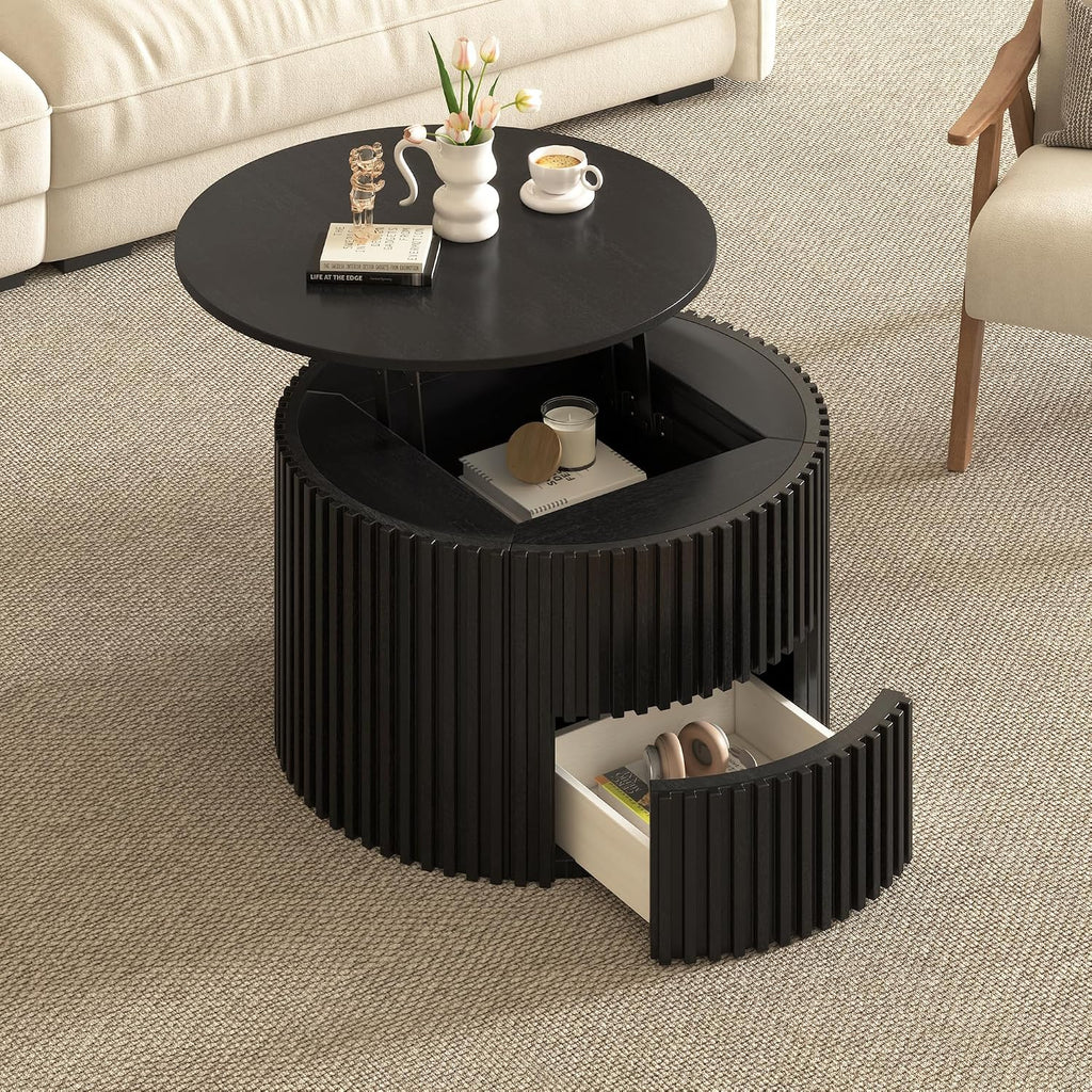 Round Lift Top Coffee Table, 29.8' Modern Fluted Wood Circle Table with Hidden Storage Drawer, Black Solid Wood & MDF Cylinder Side Table for Living Room Bedroom Small Space