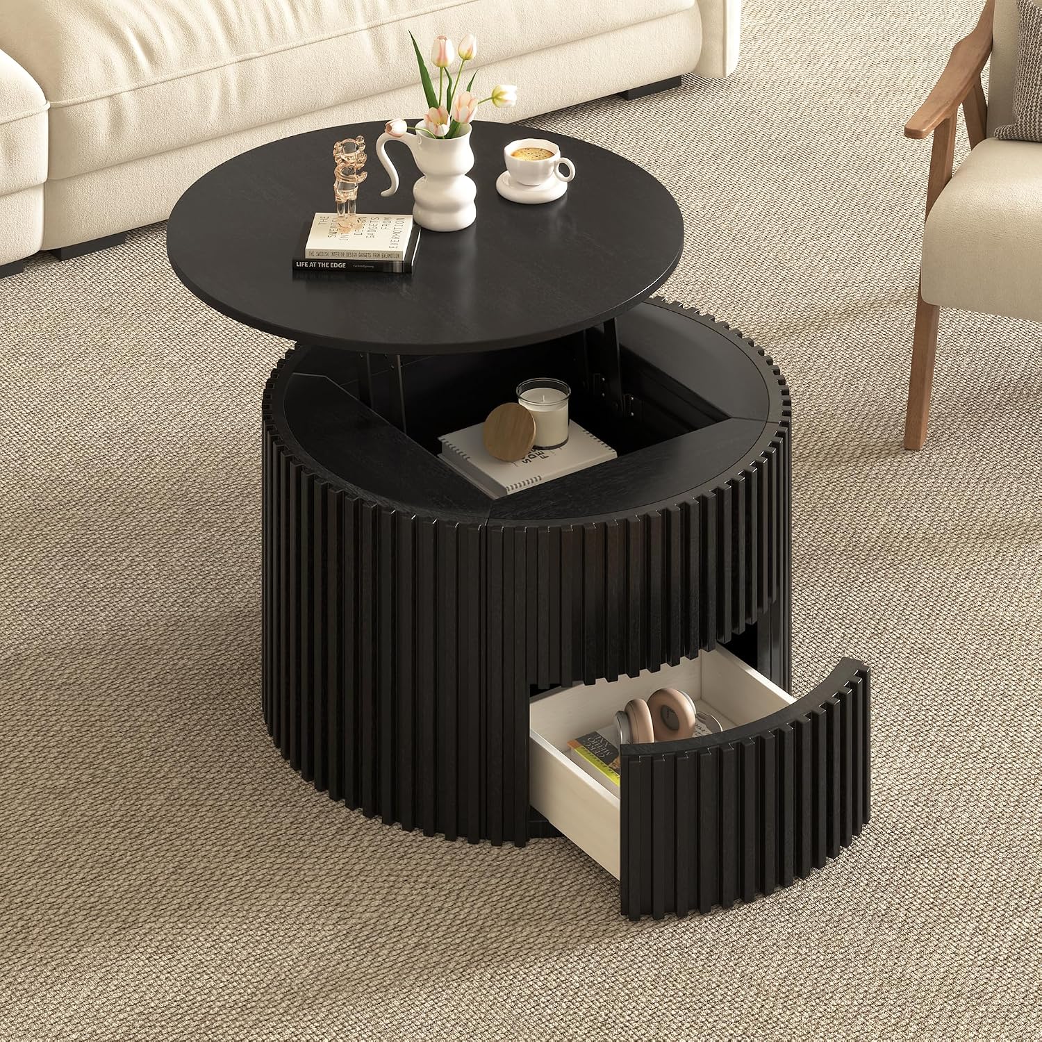 Round Lift Top Coffee Table, 29.8' Modern Fluted Wood Circle Table with Hidden Storage Drawer, Black Solid Wood & MDF Cylinder Side Table for Living Room Bedroom Small Space