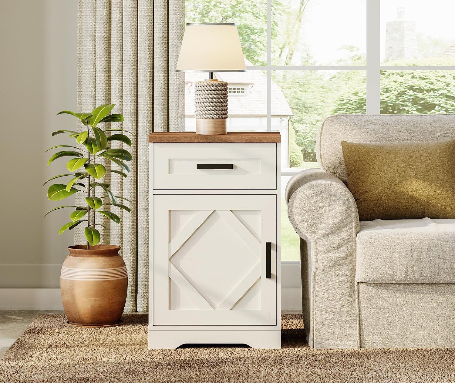 WAMPAT 2 Pack End Table with 1 Drawer & Barn Door, Farmhouse Sofa Side Table, Modern 31.9 inch Tall Nightstand Set of 2 with Adjustable Storage Shelf, Accent Cabinet for Living Room,Antique Brown
