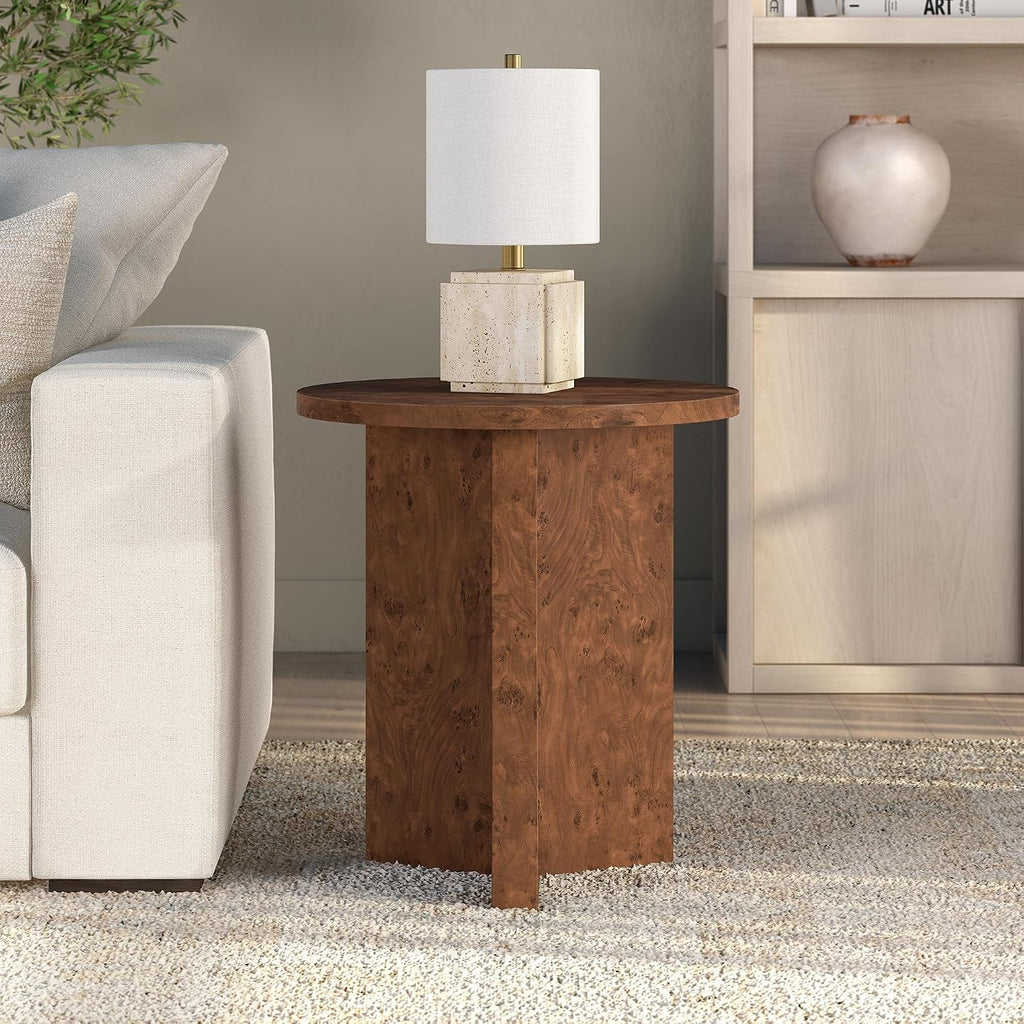 Henn&Hart 20' Scandinavian Round Wooden End Table, Side Table, Nightstand with X-Base for Living Room, Office, Family Room, or Bedroom, Chestnut Burl
