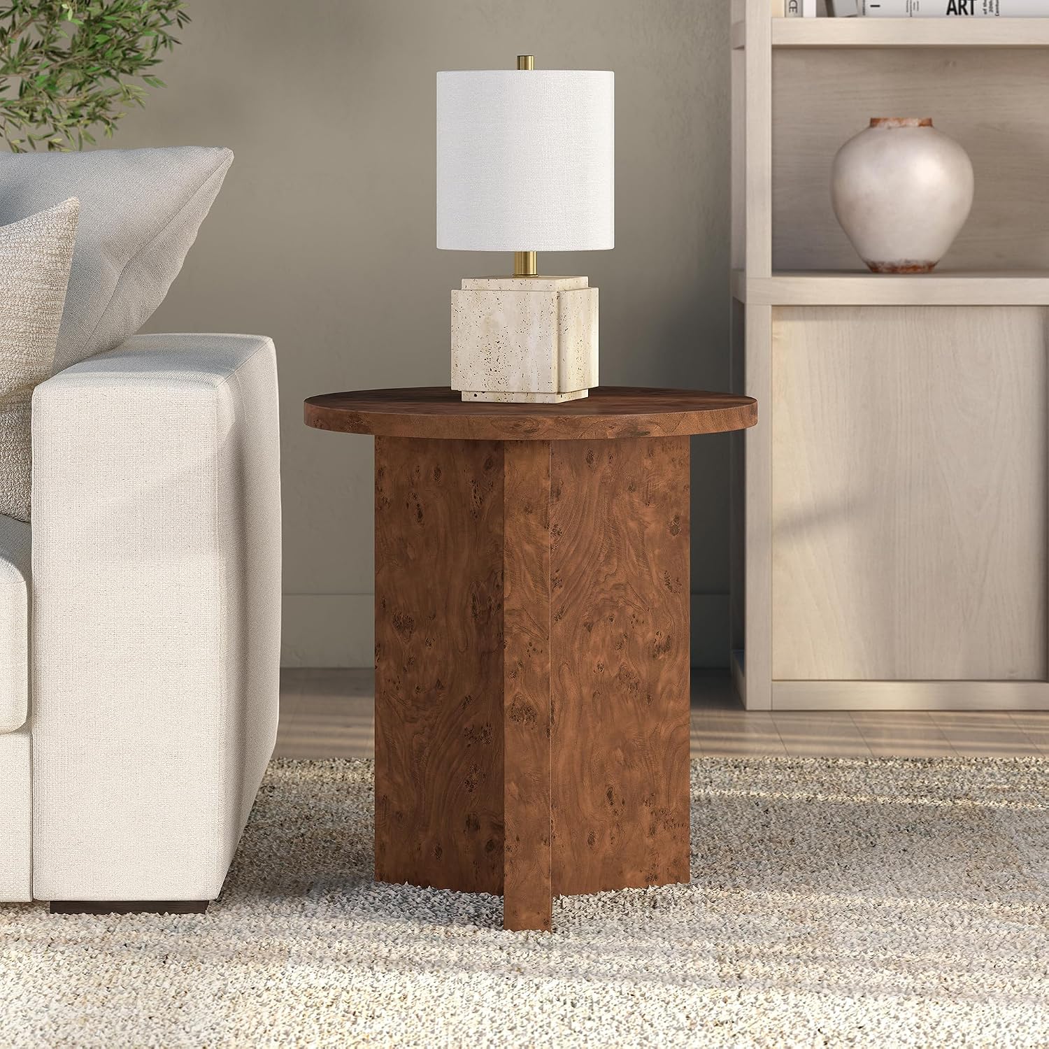 Henn&Hart 20' Scandinavian Round Wooden End Table, Side Table, Nightstand with X-Base for Living Room, Office, Family Room, or Bedroom, Chestnut Burl