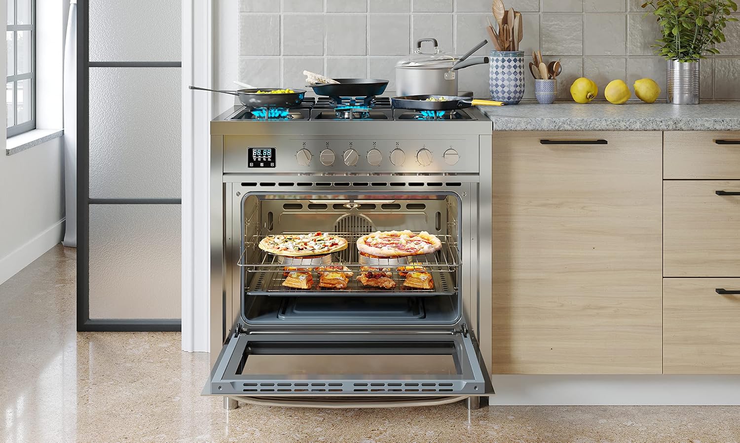 KoolMore 36' Inch Professional Gas Range Stove with 5 Burner Cooktop, Rapid Convection Oven, and Digital Timer with Heavy-Duty Cast Iron Grates, Stainless-Steel Appliance (KM-FR36GL-SS), Silver
