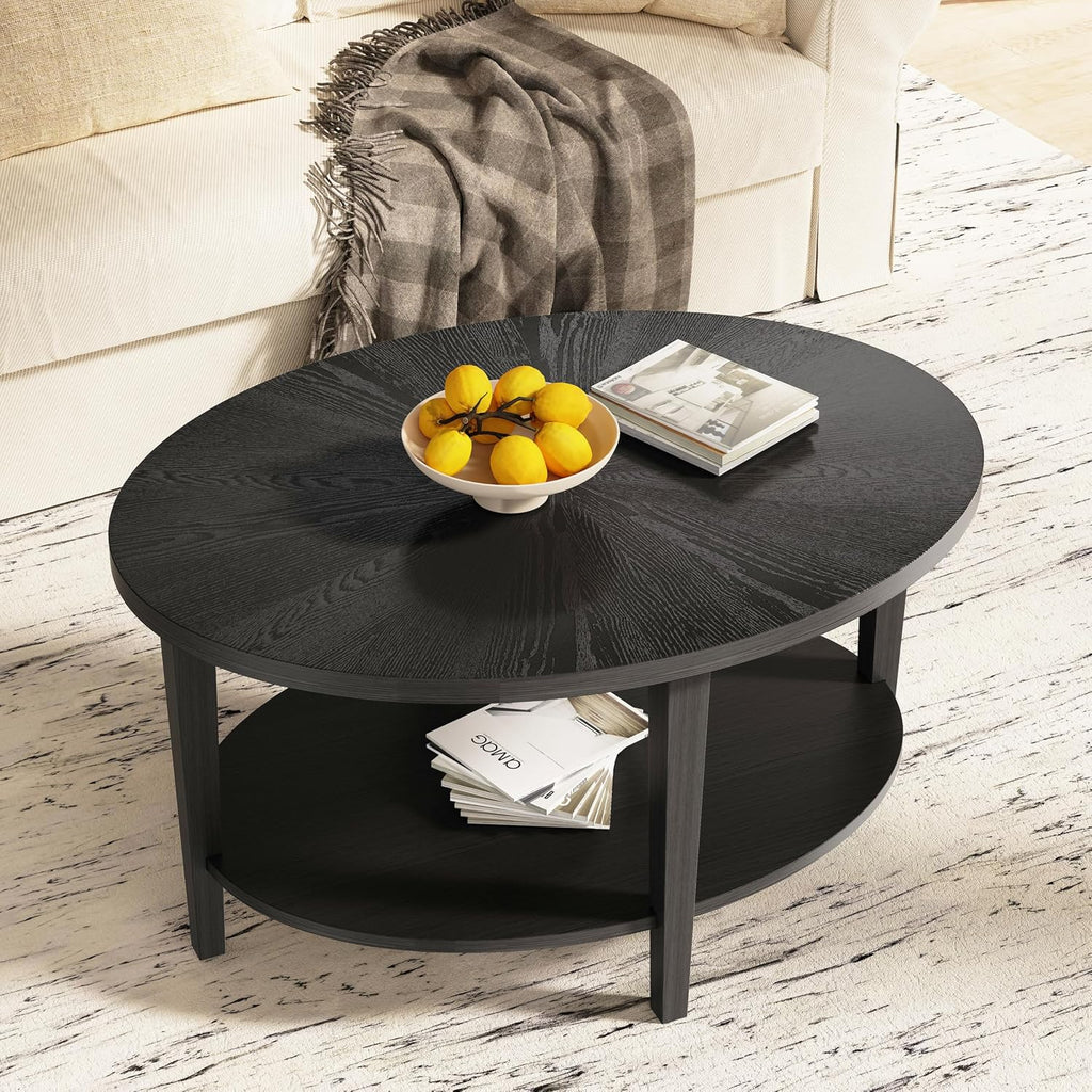 Solid Wood Oval Coffee Table for Living Room, 2 Tier Oval Rustic Coffee Table with Storage Shelf, Double Layer Center Table for Living Room, Easy Assembly Black