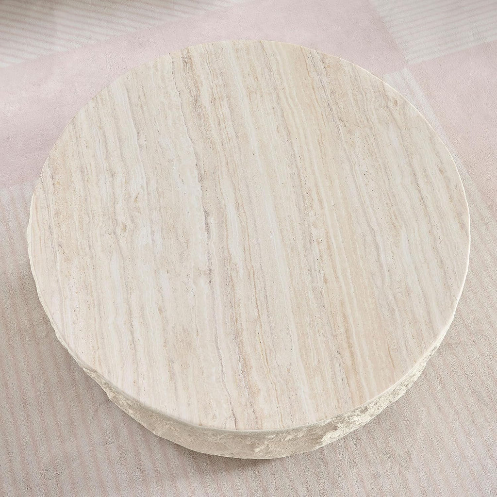 Round Coffee Table for Living Room Circle Coffee Table Modern Drum Center Table for Apartment, No Need Assembly (Fiberglass 35.43'' Cement Stone Pattern) | for Living Room