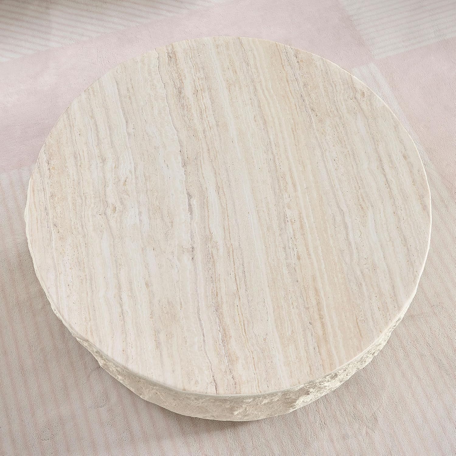 Round Coffee Table for Living Room Circle Coffee Table Modern Drum Center Table for Apartment, No Need Assembly (Fiberglass 35.43'' Cement Stone Pattern) | for Living Room