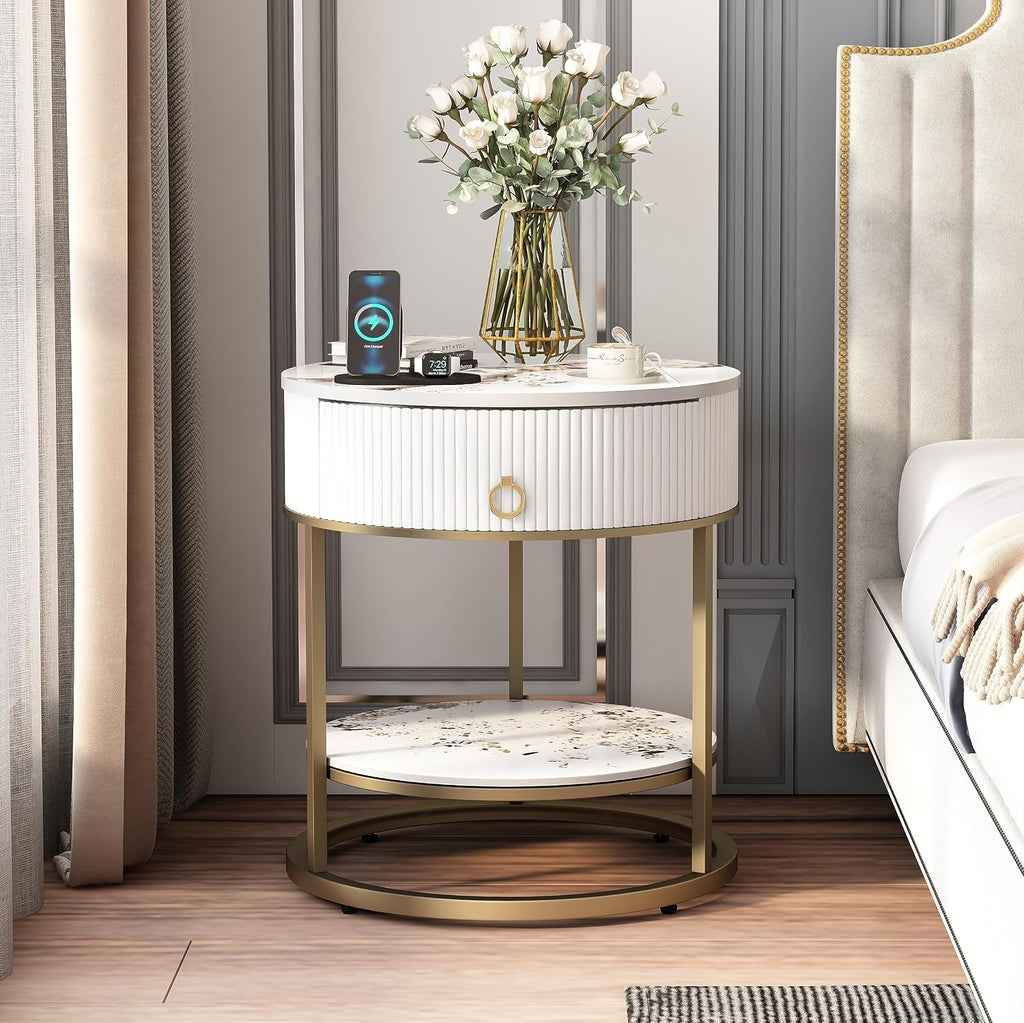 OIOG Round Side Table with Drawer, 2 Tier Night Stand with Shelf, Modern Side Table with Gold Legs for Living Room, Bedroom, Dorm, Marbling Natural Stone/Gold