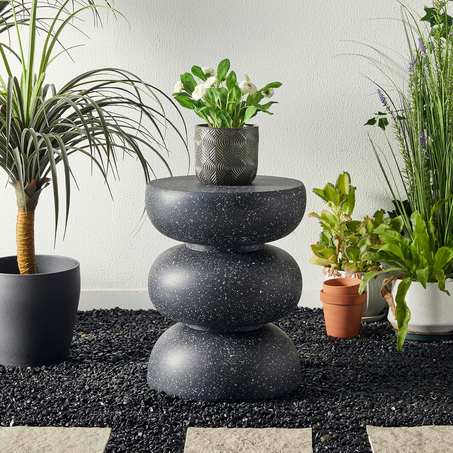 Glitzhome Outdoor Side Table, 18' H Decorative Garden Stool MGO Faux Terrazzo End Table, Heavy Duty Indoor Outdoor Round Planter Stand for Living Room Bedroom Patio Deck Poolside,Black