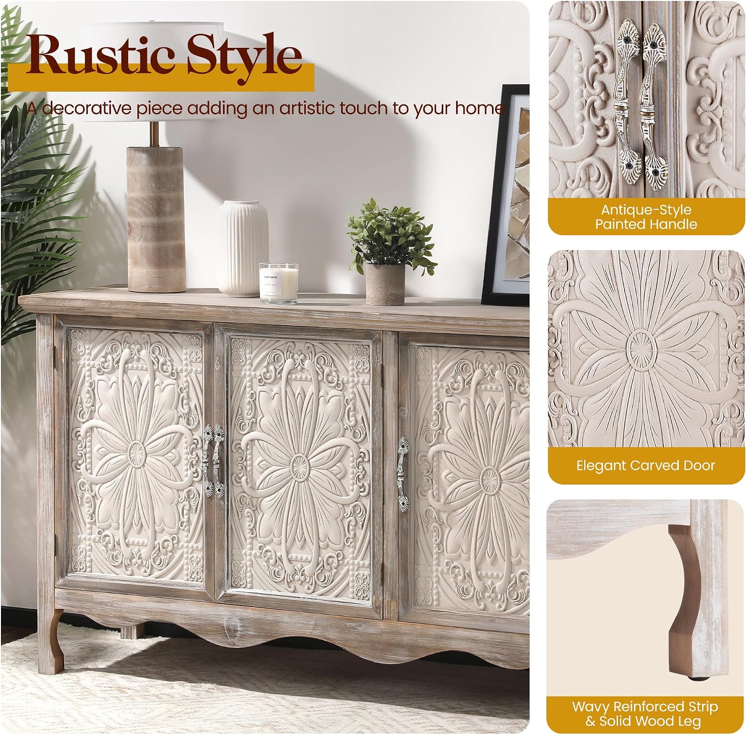 RoyalCraft Buffet Cabinet with Storage, Vintage Solid Wood Sideboard with 3 Carved Doors, Painted Coffee Bar Console Table for Dining Room, Living Room, Kitchen, Distressed Black