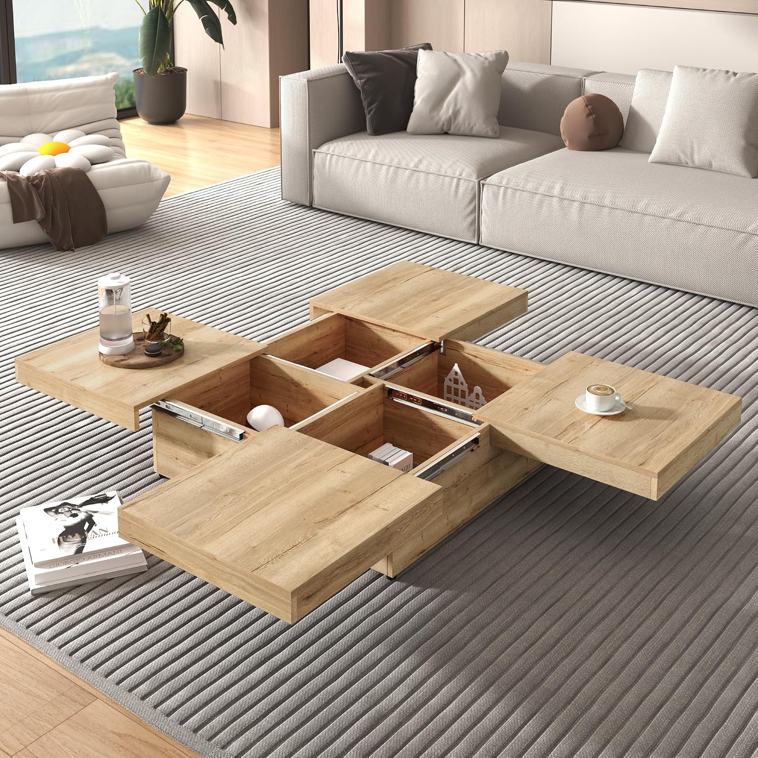 Merax Coffee Table, Modern Extendable Coffee Table with 4 Hidden Storage Compartments, Square Center Cocktail Table with Sliding Tabletop for Living Room, 39.4'x 39.4' (Natural)