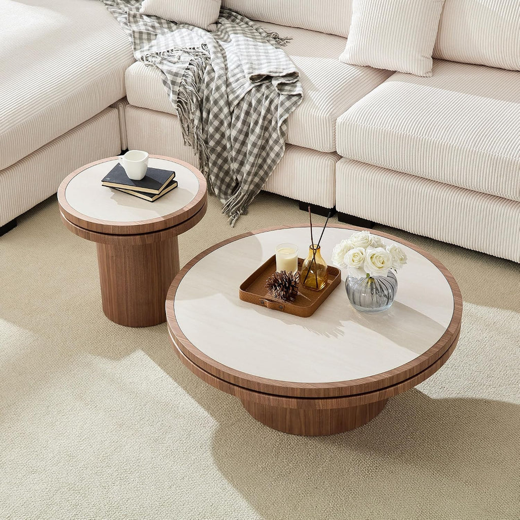 35.43' Farmhouse Round Coffee Table with Sintered Stone Tabletop, Sturdy Wood MDF Pedestal Coffee Tables for Living Room, Modern Circle Center Tea Table for Apartment, Office Bedroom Walnut