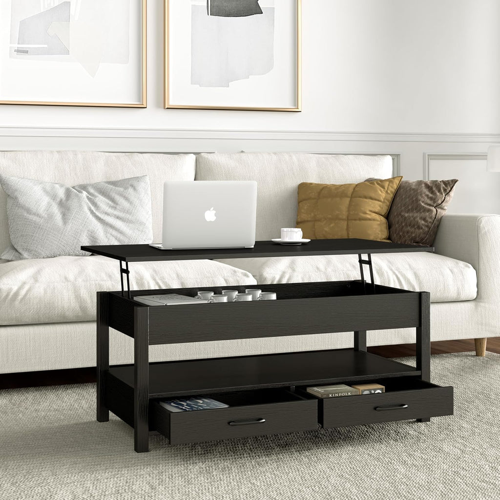 Panana Coffee Table, Lift Top Coffee Table with Hidden Compartment, 2 Drawers and 1 Open Shelf, Retro Central Wooden Table Lift Tabletop for Living Room (Black)