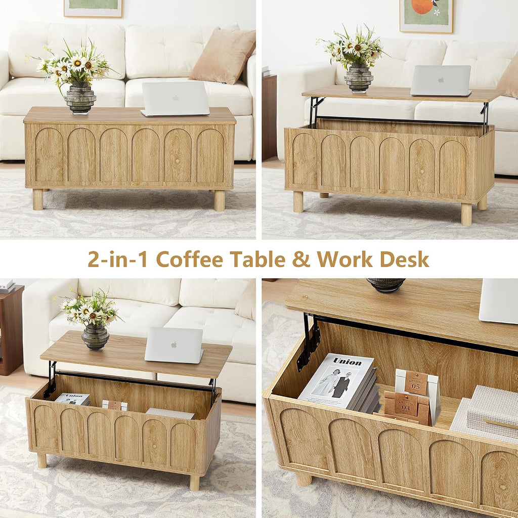 Lift Top Coffee Table with Arched Finish, Modern Coffee Table with Lifting Tabletop & Hidden Storage, Wood Center Table for Living Room,Convenient for Dining, Gaming or Working (Natural)