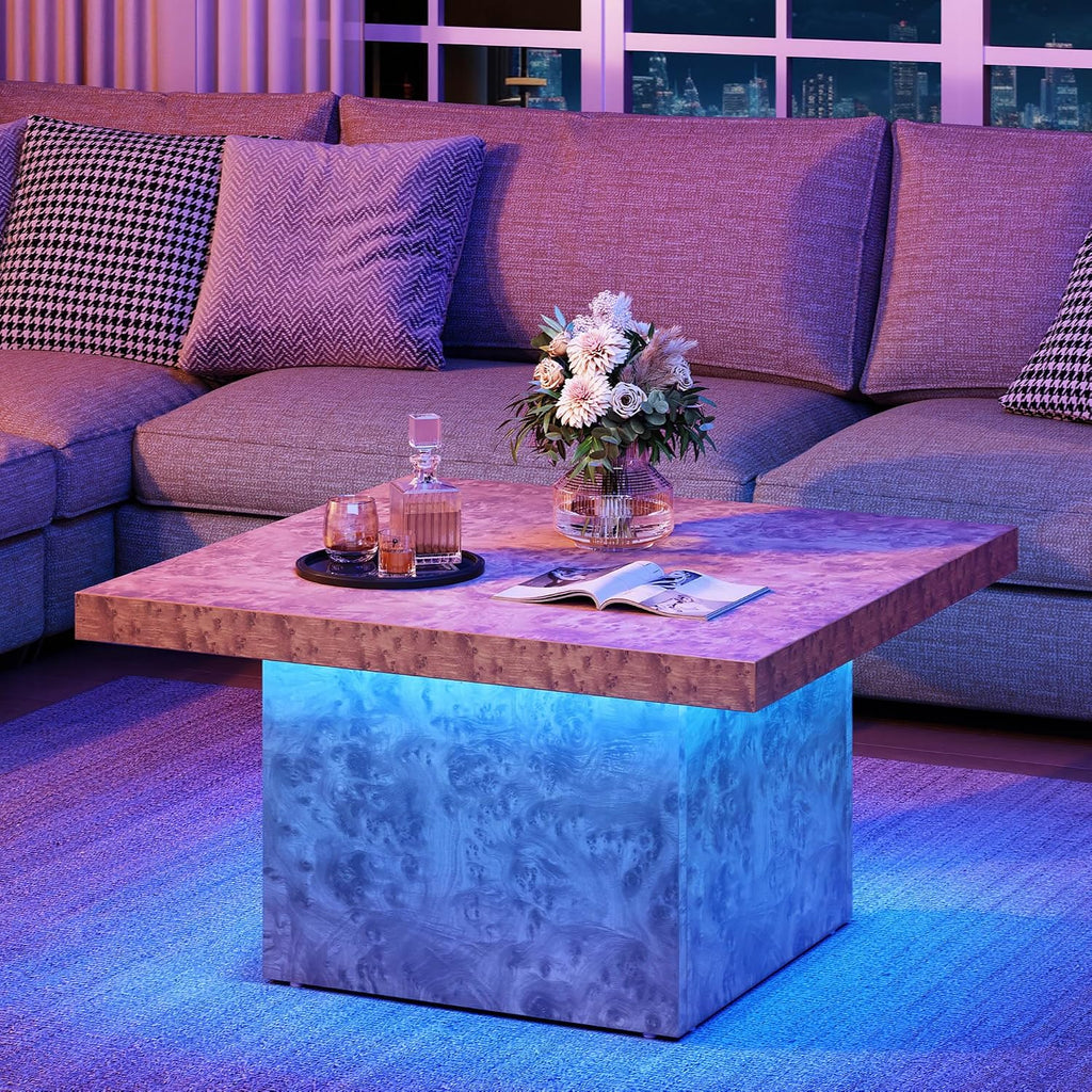 YITAHOME Coffee Table Square LED Coffee Table, Burl Wood Grain Tea Coffee Tables for Living Room/Apartment, Modern Wooden Center Table for Office Decor, Burl Wood
