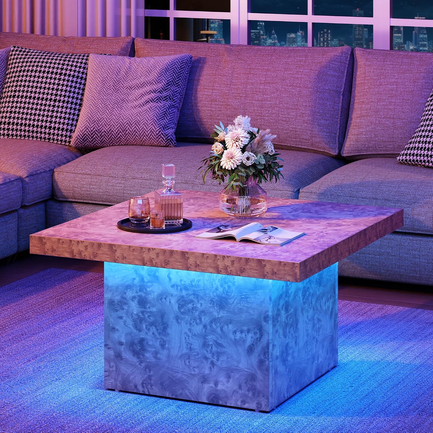 YITAHOME Coffee Table Square LED Coffee Table, Burl Wood Grain Tea Coffee Tables for Living Room/Apartment, Modern Wooden Center Table for Office Decor, Burl Wood