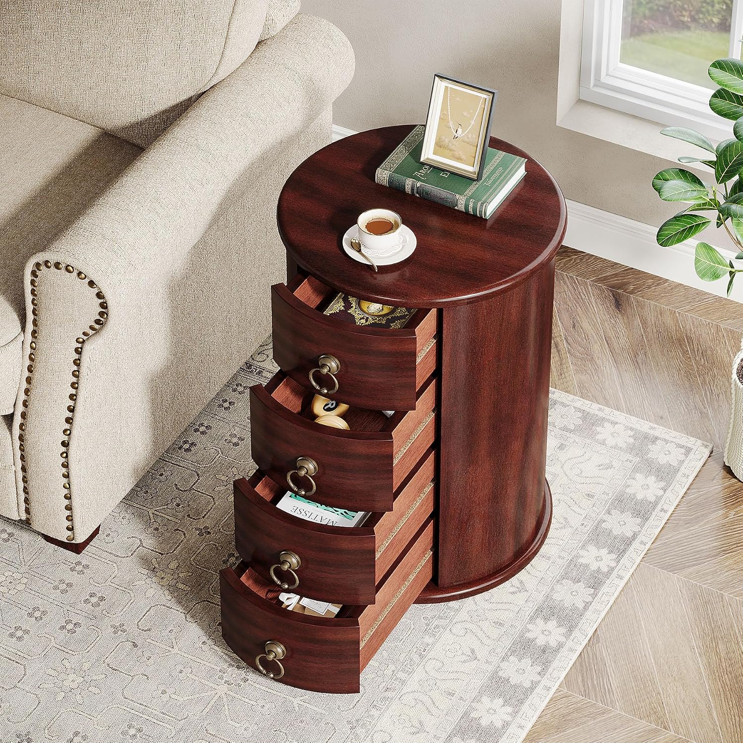 Tribesigns Solid Wood End Table, Round Side Table with 4 Drawers, Vintage Bedside Table Nightstand for Small Spaces, Living Room, Bedroom, No Assembly Required (1, Cherry Brown)