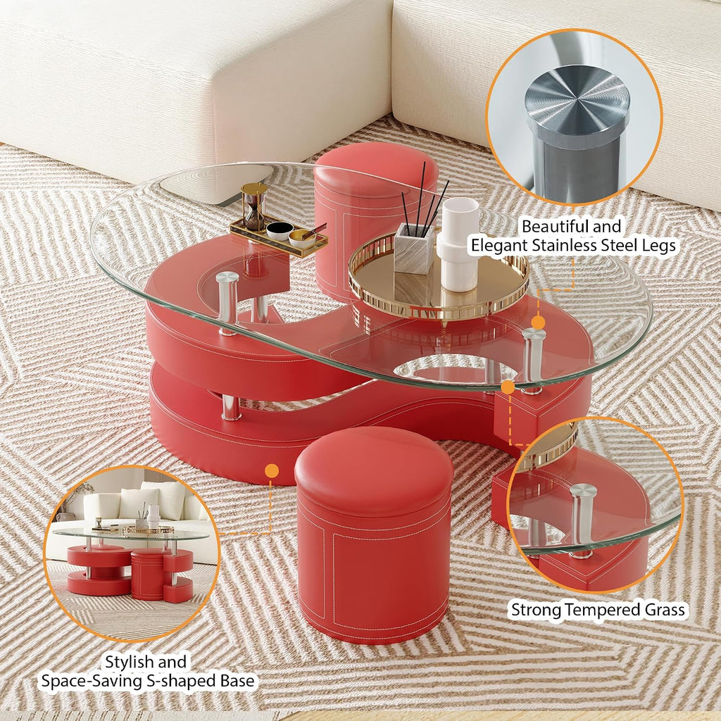 Oval Glass Coffee Table Set of 3, 0.39' Tempered Glass Top and S Shape Base, Modern Coffee Table with 2 Leather Stools, Accent Coffee Table for Living Room Bedroom, Red