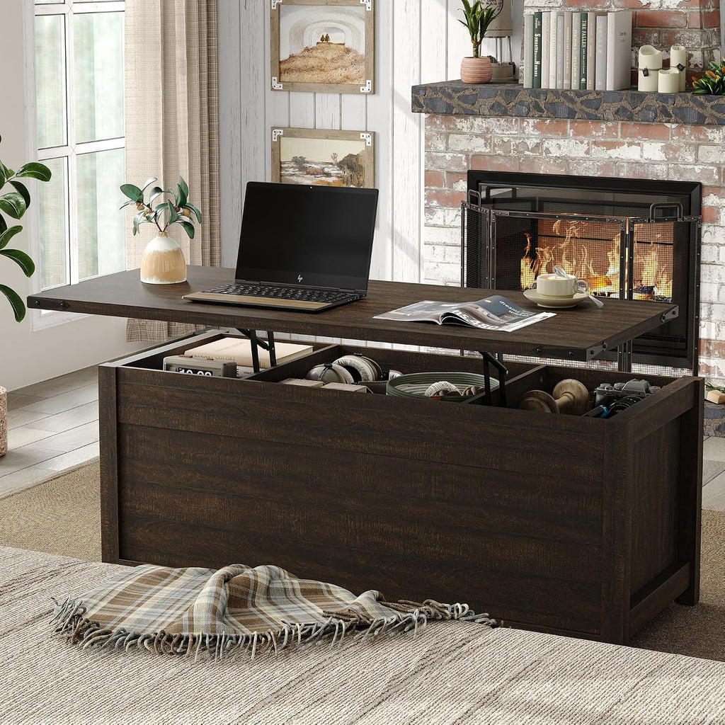 Furnihold 47.3'' Lift Top Coffee Table Rectangle Farmhouse Coffee Table with Storage Rustic Center Table with Sliding Barn Doors for Living Room, Home, Dark Brown