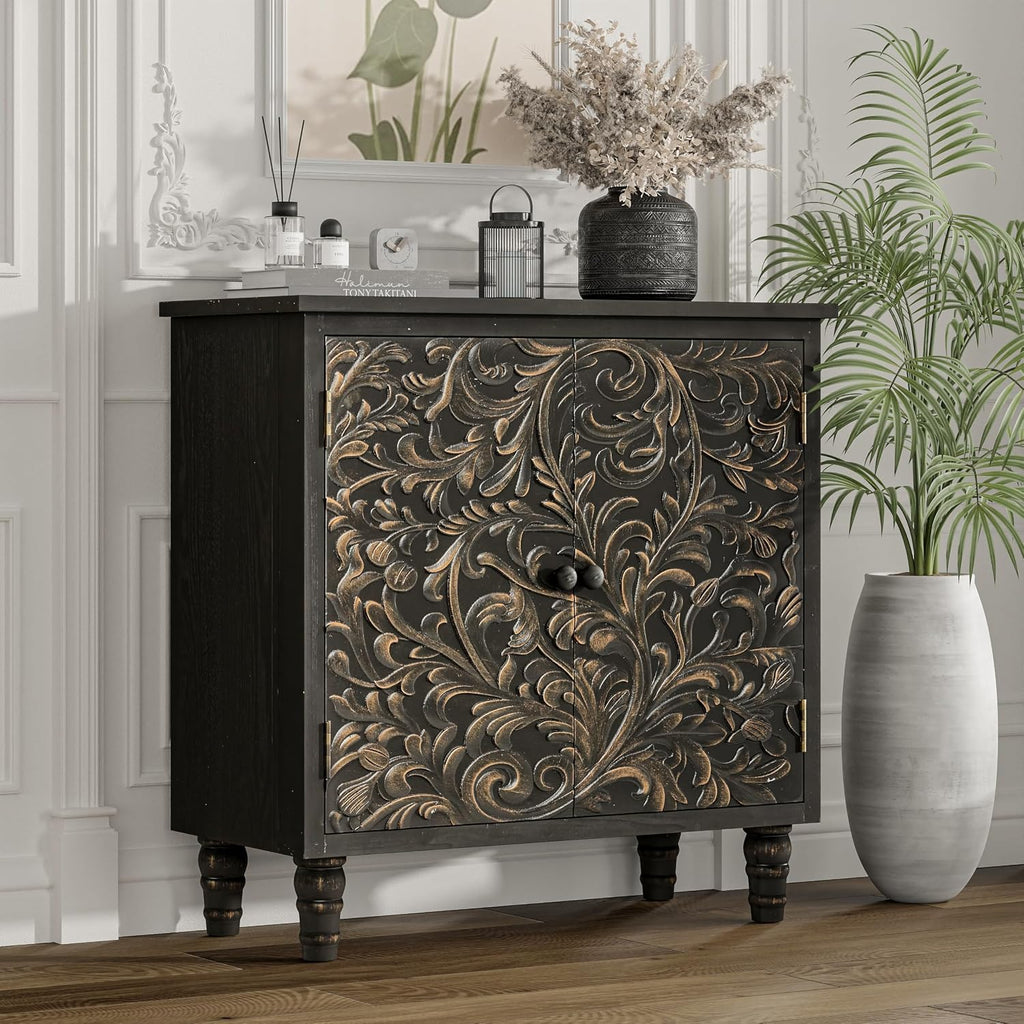 2 Door Farmhouse Storage Cabinet with Embossed Distressed Flower Motif, Vintage Side Table for Living Room, Bedroom, Boho, Black